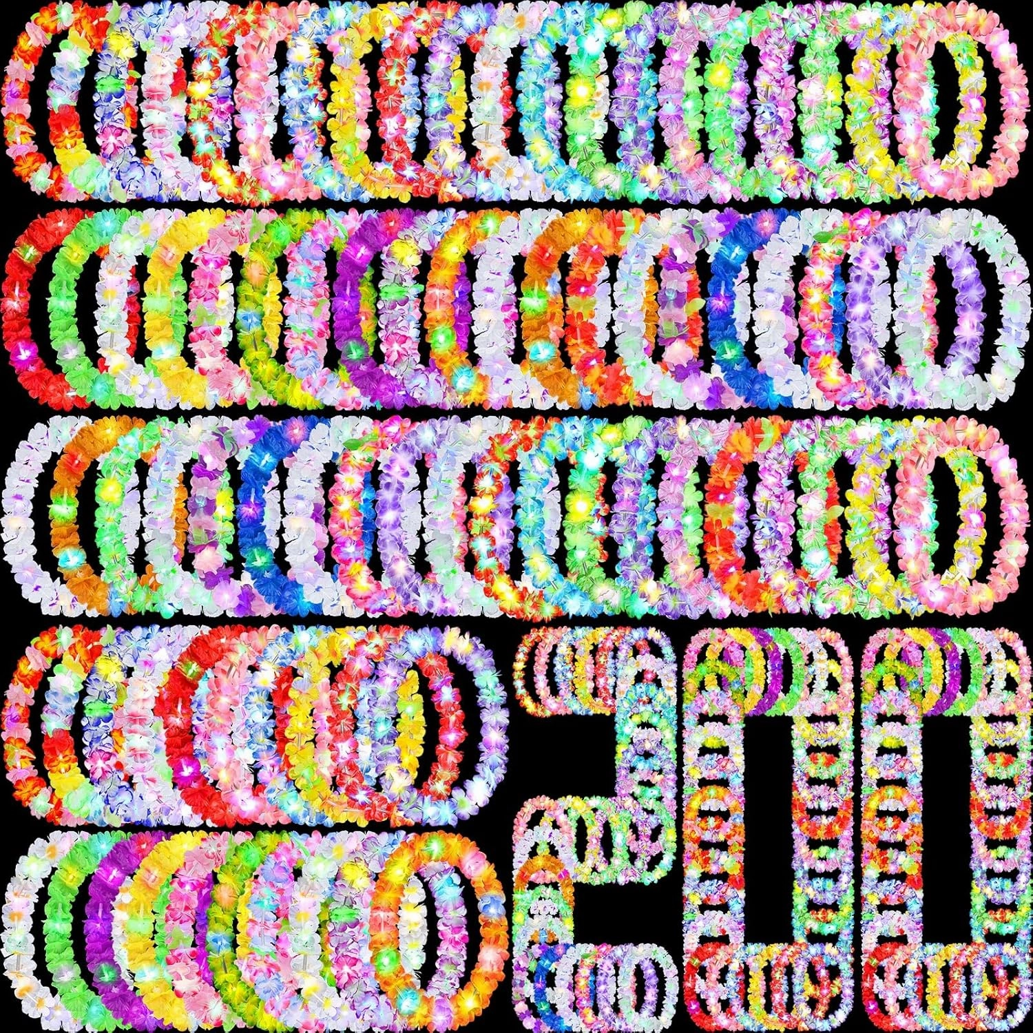 Sherr 150 Pcs LED Hawaiian Leis Bulk Light up Flower Leis Necklace Flower with LED Lights for Masquerade Luau Beach Wedding Tropical Themed Carnival Graduation Party