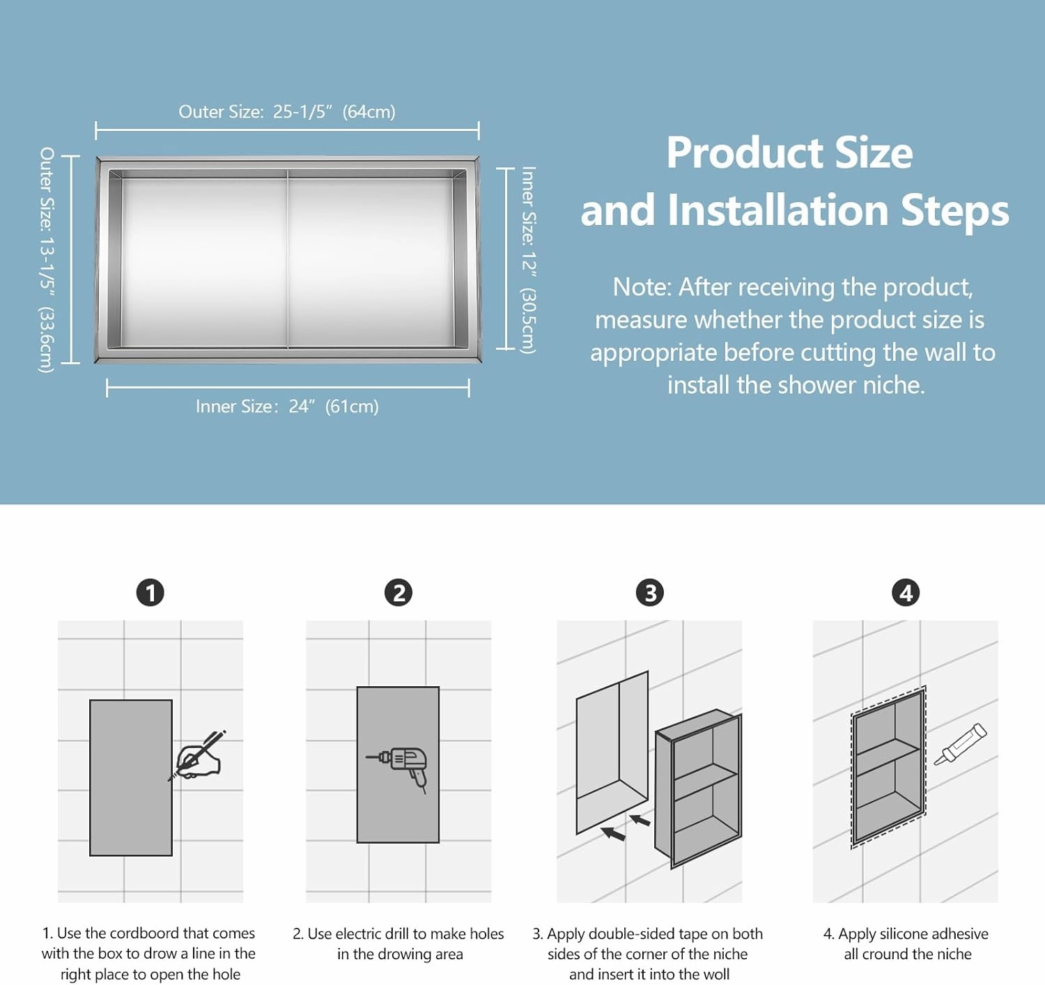 Shower Niche, 12" x 24" No Tile Needed Recessed Niche Shower for Storage, 304 Stainless Steel Shower Niche, Bathroom Niche, Corners–Modern in Wall Niche for Bathroom, Toilet, Kitchen