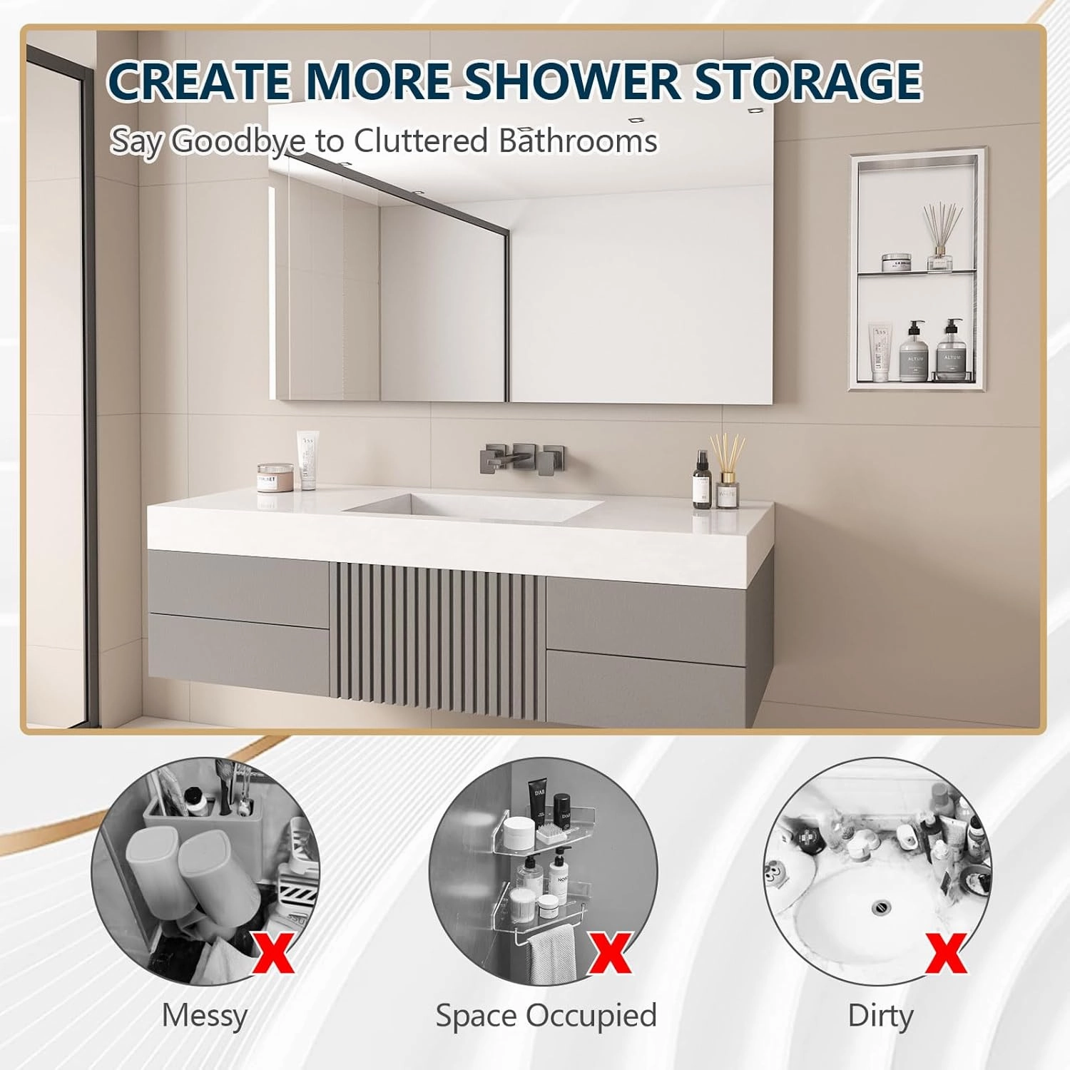 Shower Niche, 12" x 24" No Tile Needed Recessed Niche Shower for Storage, 304 Stainless Steel Shower Niche, Bathroom Niche, Corners–Modern in Wall Niche for Bathroom, Toilet, Kitchen