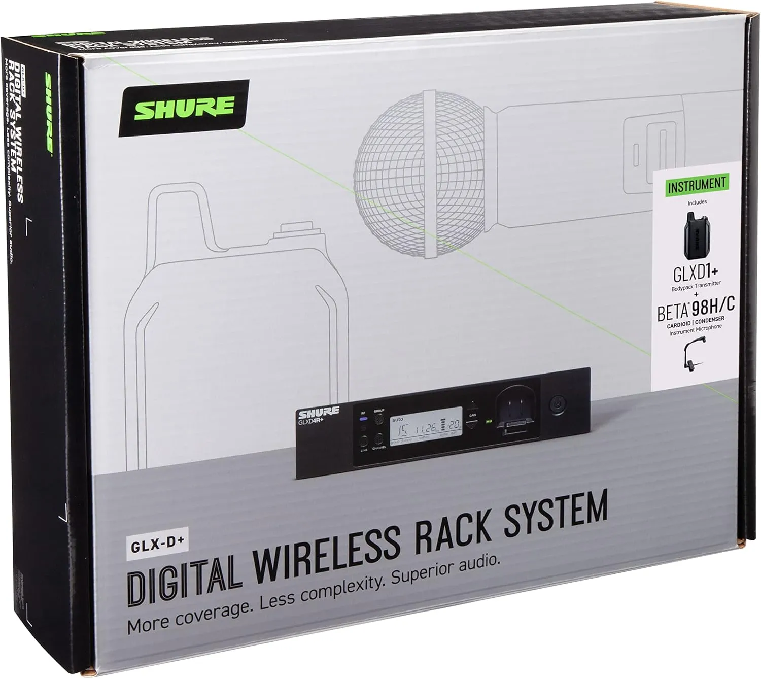 Shure GLXD14R /B98 Dual Band Digital Wireless Microphone System for Brass, Woodwinds, Percussion - 12-Hour Battery Life, 100 ft Range, Clip-on Instrument Mic, Single Channel Rack Mount Receiver