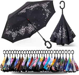 SIEPASA 49/56 Inch Inverted Reverse Upside Down Umbrella, Extra Large Double Canopy Vented Windproof Waterproof Stick Golf Umbrellas with C-shape Handle.