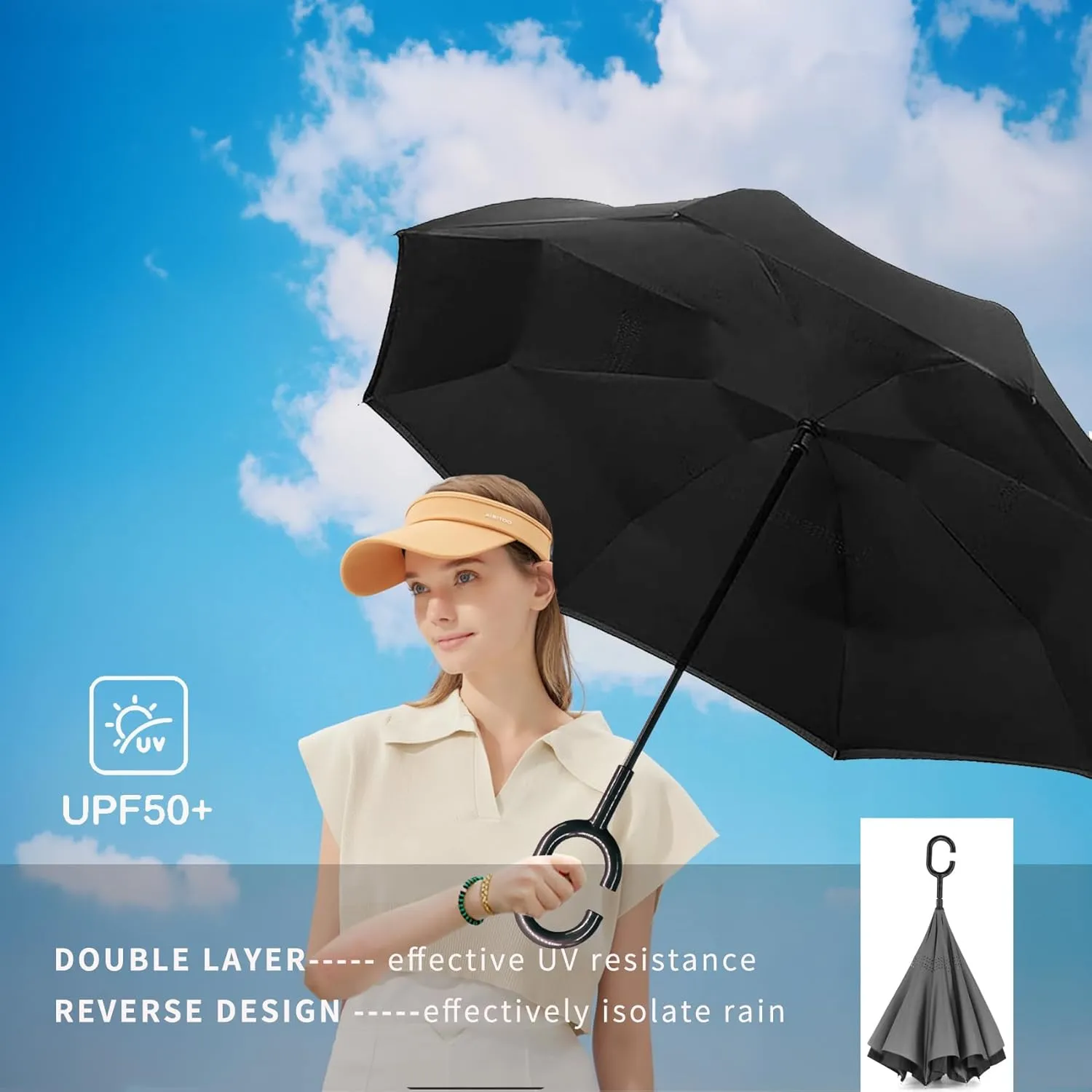 SIEPASA 49/56 Inch Inverted Reverse Upside Down Umbrella, Extra Large Double Canopy Vented Windproof Waterproof Stick Golf Umbrellas with C-shape Handle.