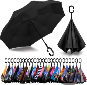 SIEPASA 49/56 Inch Inverted Reverse Upside Down Umbrella, Extra Large Double Canopy Vented Windproof Waterproof Stick Golf Umbrellas with C-shape Handle.
