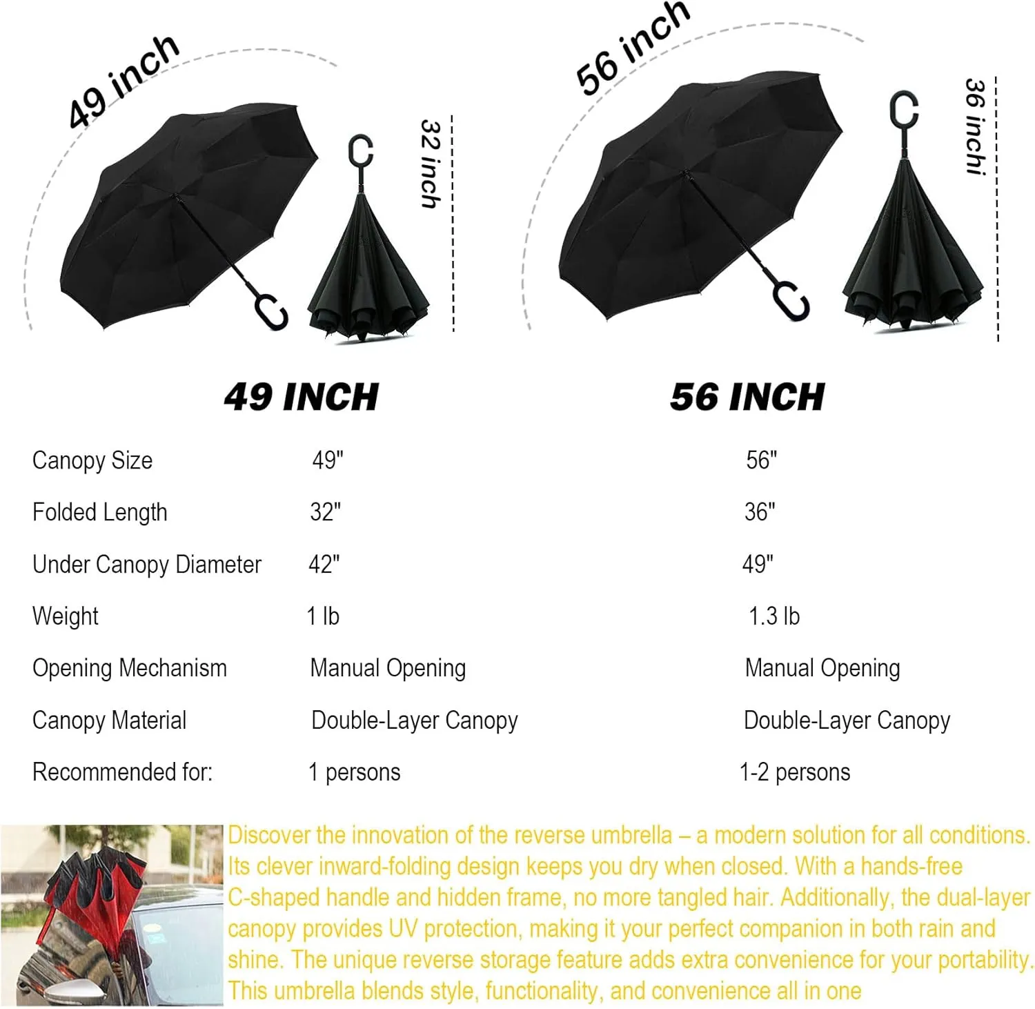 SIEPASA 49/56 Inch Inverted Reverse Upside Down Umbrella, Extra Large Double Canopy Vented Windproof Waterproof Stick Golf Umbrellas with C-shape Handle.