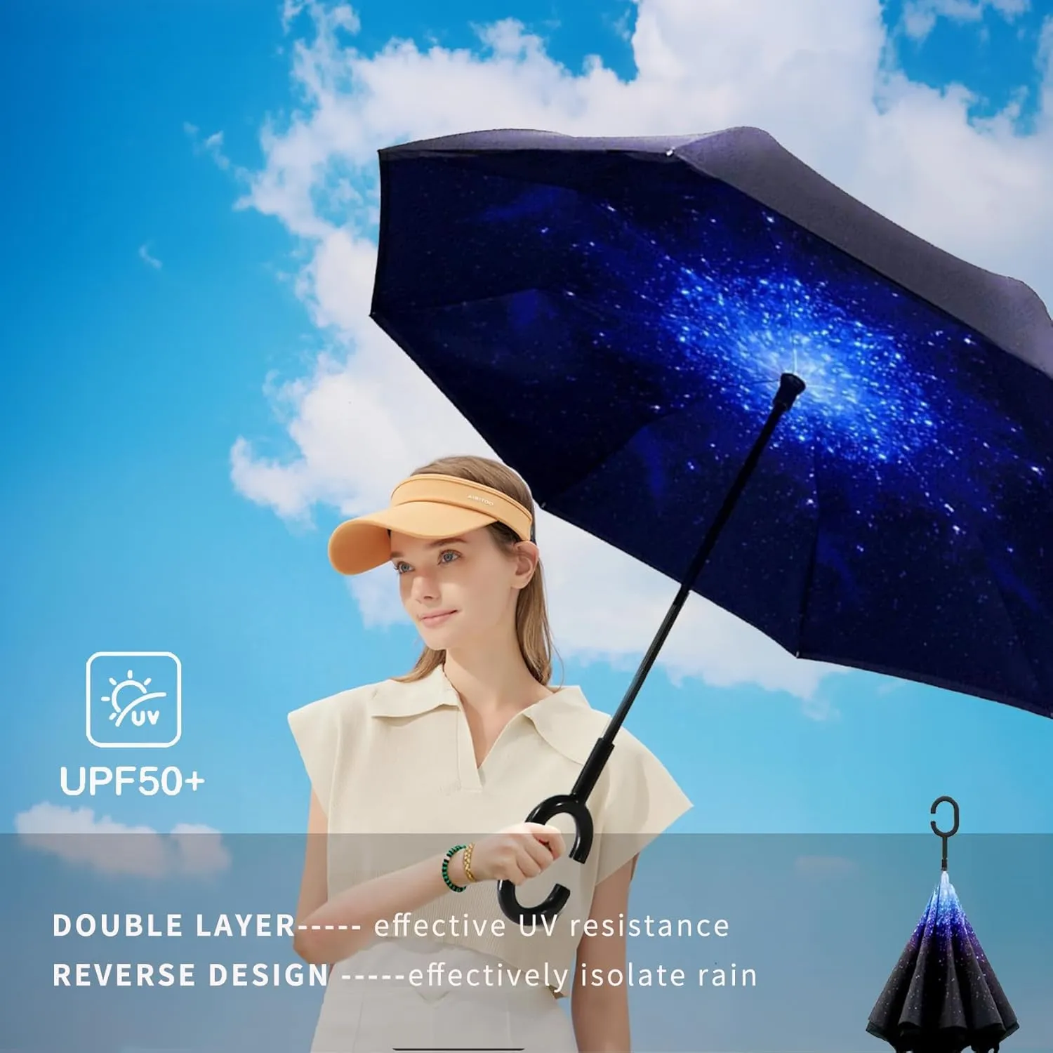 SIEPASA 49/56 Inch Inverted Reverse Upside Down Umbrella, Extra Large Double Canopy Vented Windproof Waterproof Stick Golf Umbrellas with C-shape Handle.