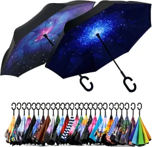 SIEPASA 49/56 Inch Inverted Reverse Upside Down Umbrella, Extra Large Double Canopy Vented Windproof Waterproof Stick Golf Umbrellas with C-shape Handle.