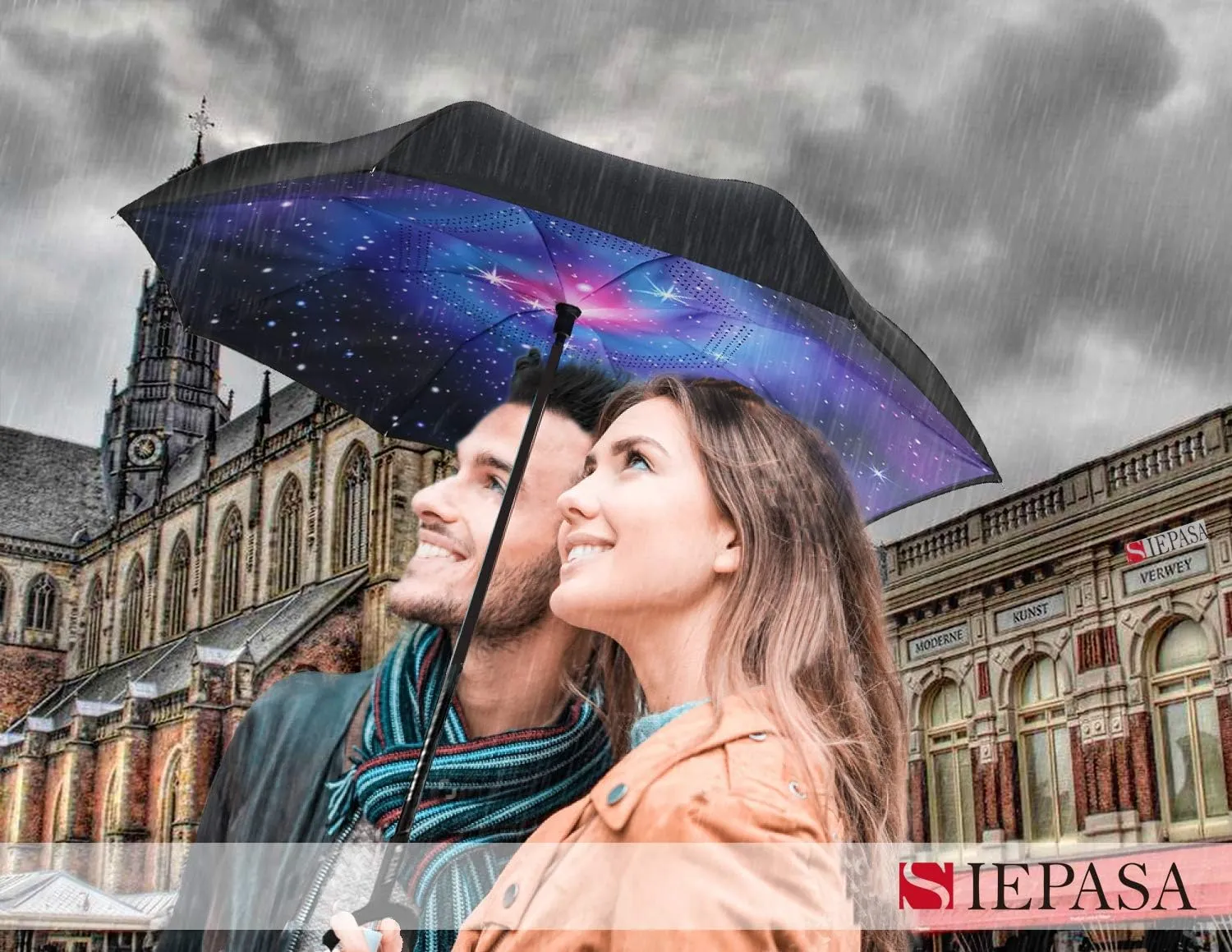 SIEPASA 49/56 Inch Inverted Reverse Upside Down Umbrella, Extra Large Double Canopy Vented Windproof Waterproof Stick Golf Umbrellas with C-shape Handle.