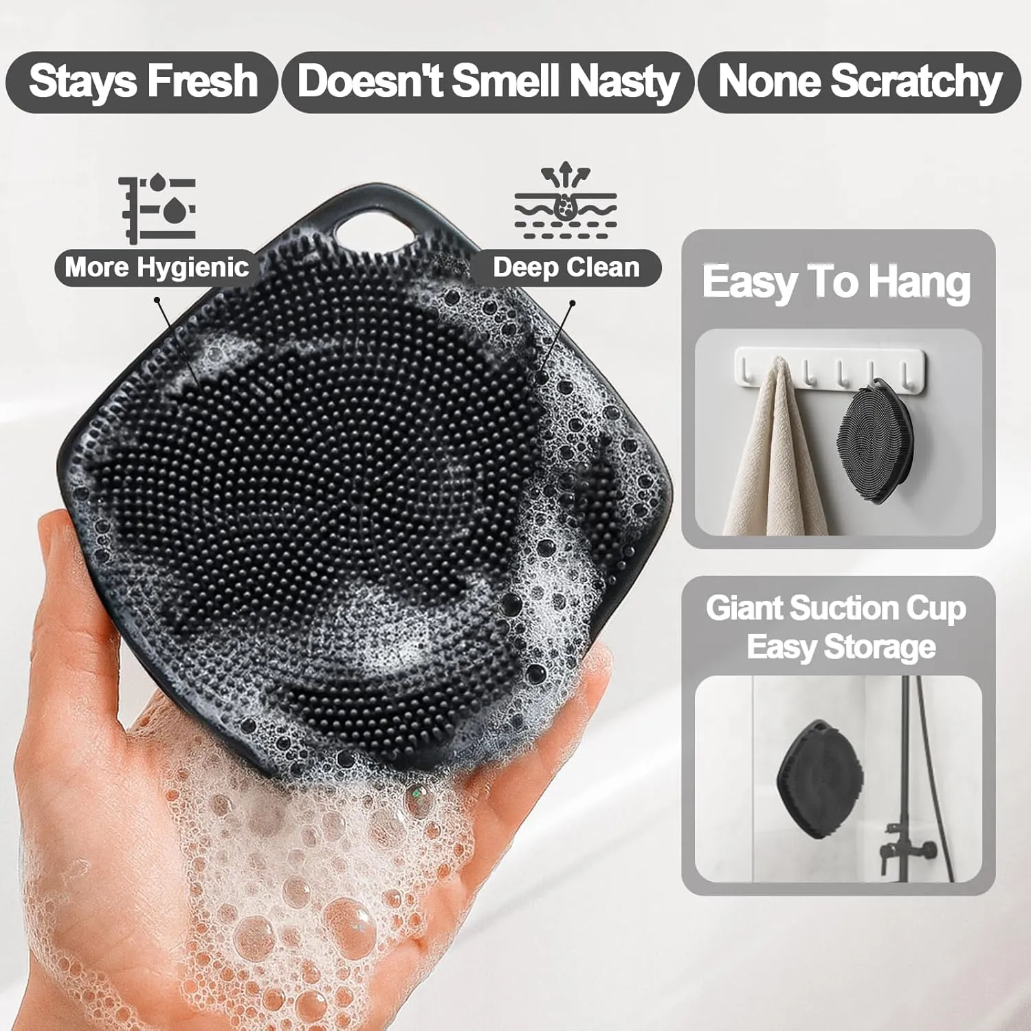 Silicone Body Scrubber, Gentle Texture Exfoliating Body Scrubber for Men and Women On Sensitive Skin, Soft Scrubber Produces Rich Form and Builds Up Lather, Getting a Deep Skin Clean (Black)