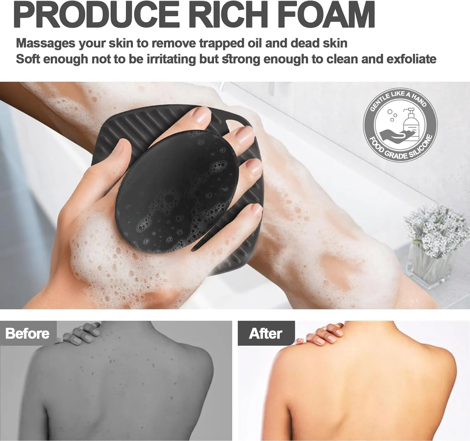 Silicone Body Scrubber, Gentle Texture Exfoliating Body Scrubber for Men and Women On Sensitive Skin, Soft Scrubber Produces Rich Form and Builds Up Lather, Getting a Deep Skin Clean (Black)