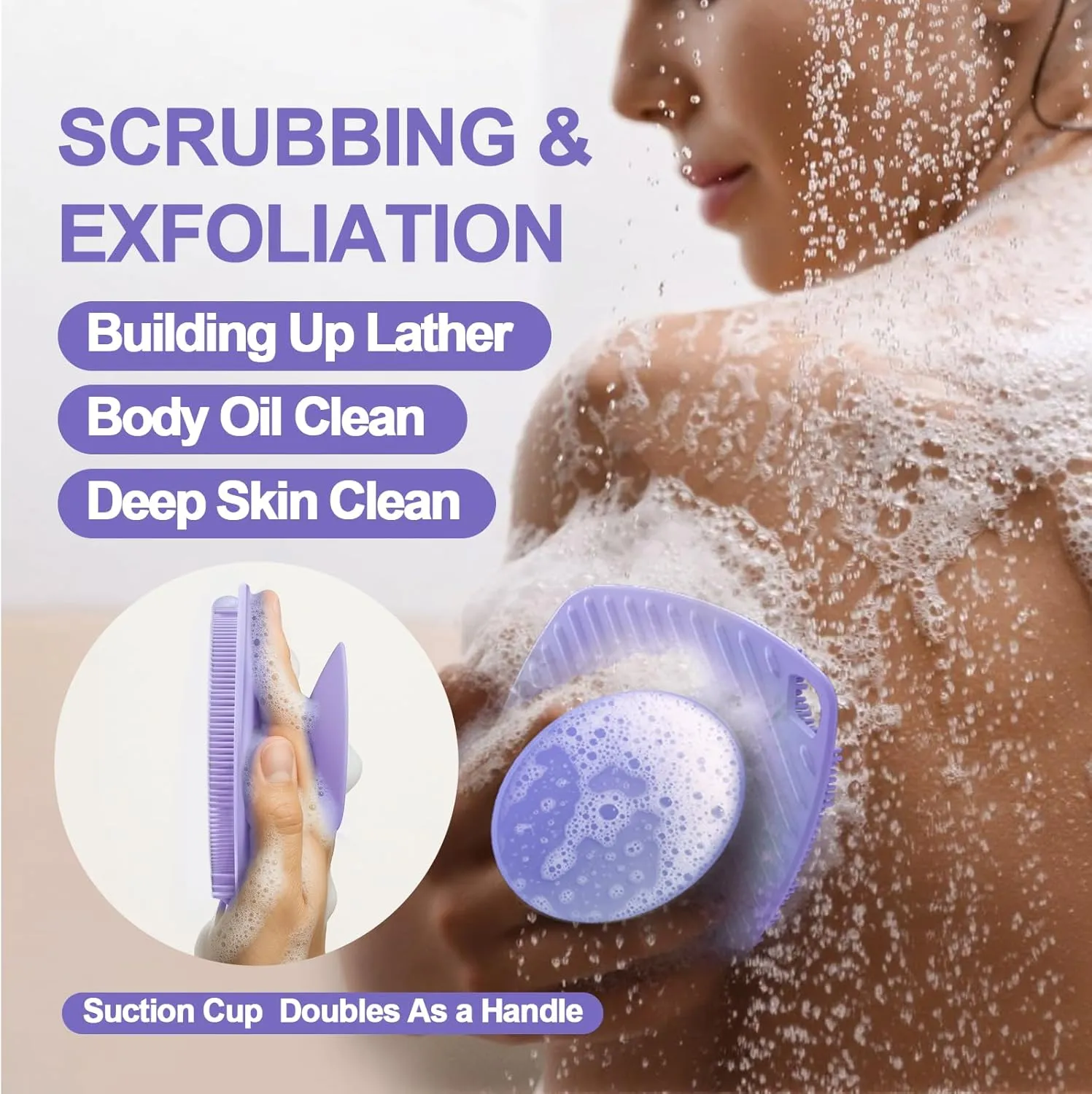 Silicone Body Scrubber, Gentle Texture Exfoliating Body Scrubber for Men and Women On Sensitive Skin, Soft Scrubber Produces Rich Form and Builds Up Lather, Getting a Deep Skin Clean (Purple)