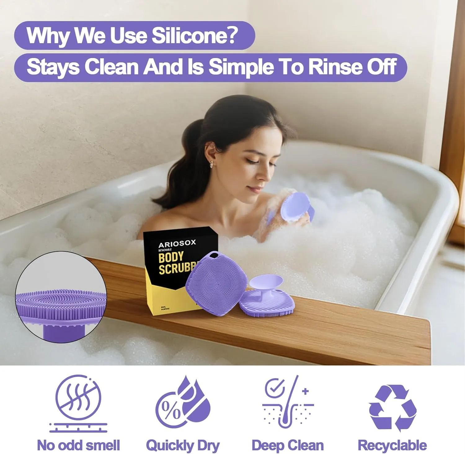 Silicone Body Scrubber, Gentle Texture Exfoliating Body Scrubber for Men and Women On Sensitive Skin, Soft Scrubber Produces Rich Form and Builds Up Lather, Getting a Deep Skin Clean (Purple)