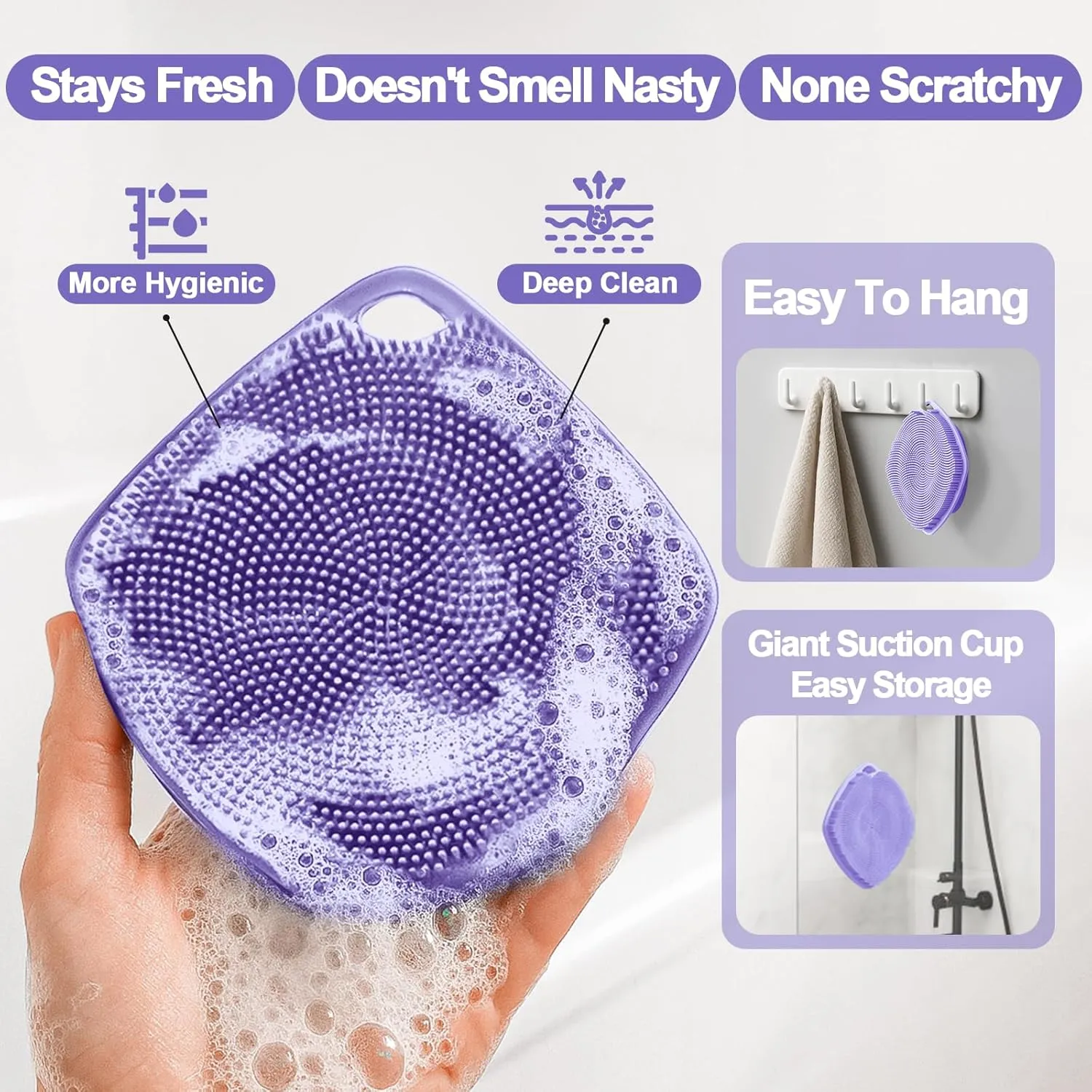 Silicone Body Scrubber, Gentle Texture Exfoliating Body Scrubber for Men and Women On Sensitive Skin, Soft Scrubber Produces Rich Form and Builds Up Lather, Getting a Deep Skin Clean (Purple)