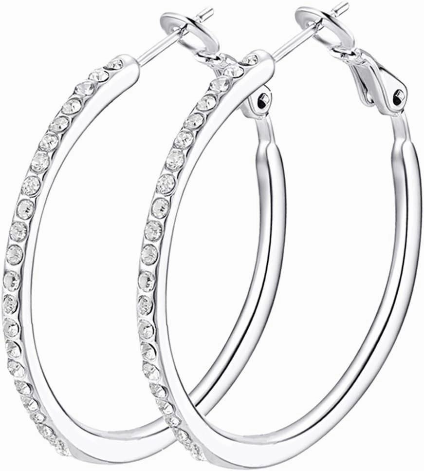 Silver Hoop Earrings for Women, Fashion Lightweight CZ Cubic Zirconia Rhinestone Hoops Gifts White Gold Rose Gold Plated 35mm - 45mm