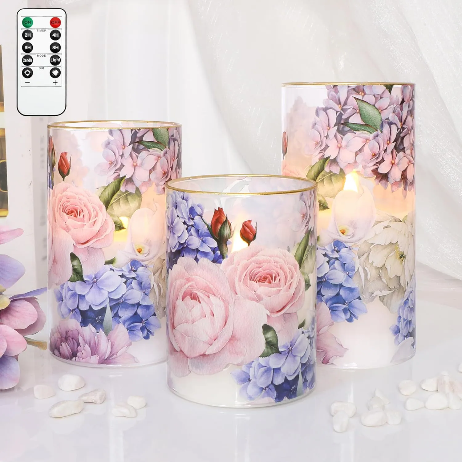 Silverstro Hydrangea Rose LED Flameless Candles with Remote Control & Timer Function - Real Wax 2AA Battery Operated Candles - Home Farmhouse Holiday Spring Summer Decorations - Set of 3