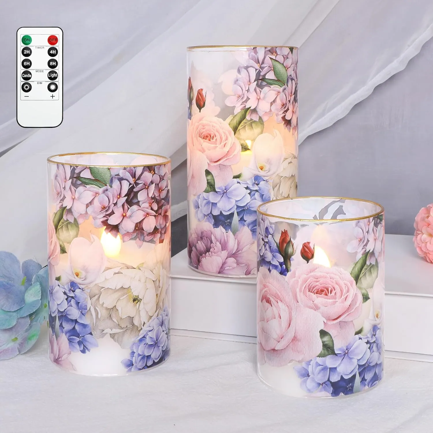 Silverstro Hydrangea Rose LED Flameless Candles with Remote Control & Timer Function - Real Wax 2AA Battery Operated Candles - Home Farmhouse Holiday Spring Summer Decorations - Set of 3