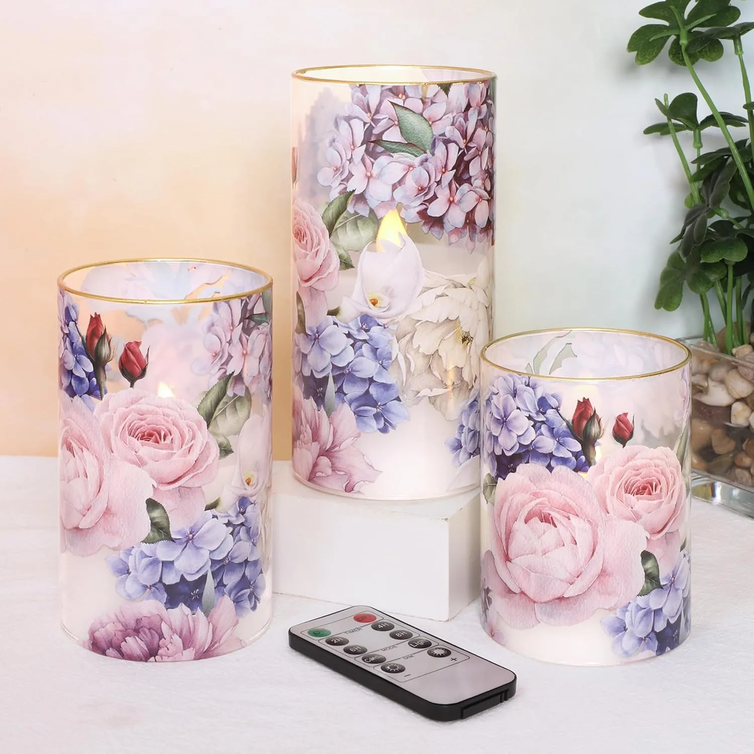 Silverstro Hydrangea Rose LED Flameless Candles with Remote Control & Timer Function - Real Wax 2AA Battery Operated Candles - Home Farmhouse Holiday Spring Summer Decorations - Set of 3