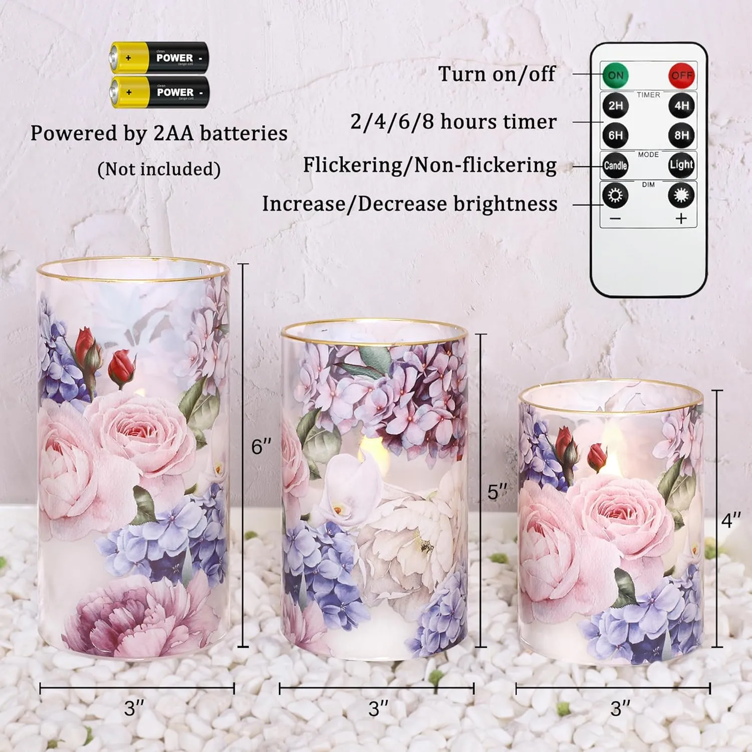Silverstro Hydrangea Rose LED Flameless Candles with Remote Control & Timer Function - Real Wax 2AA Battery Operated Candles - Home Farmhouse Holiday Spring Summer Decorations - Set of 3