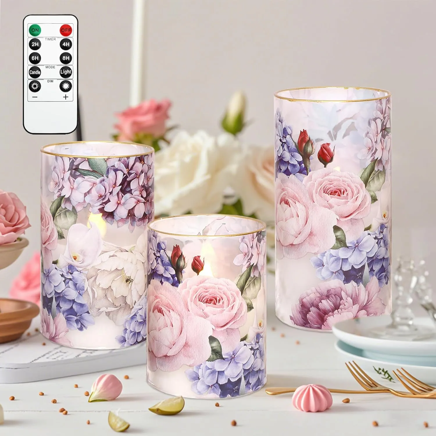 Silverstro Hydrangea Rose LED Flameless Candles with Remote Control & Timer Function - Real Wax 2AA Battery Operated Candles - Home Farmhouse Holiday Spring Summer Decorations - Set of 3