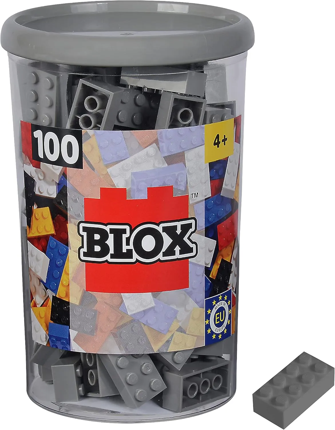 Simba 104114544 Blox, 100 Grey Building Blocks for Children from 3 Years, 8 Bricks, in Tin, High Quality, Fully Compatible with Many Other Manufacturers, Grey
