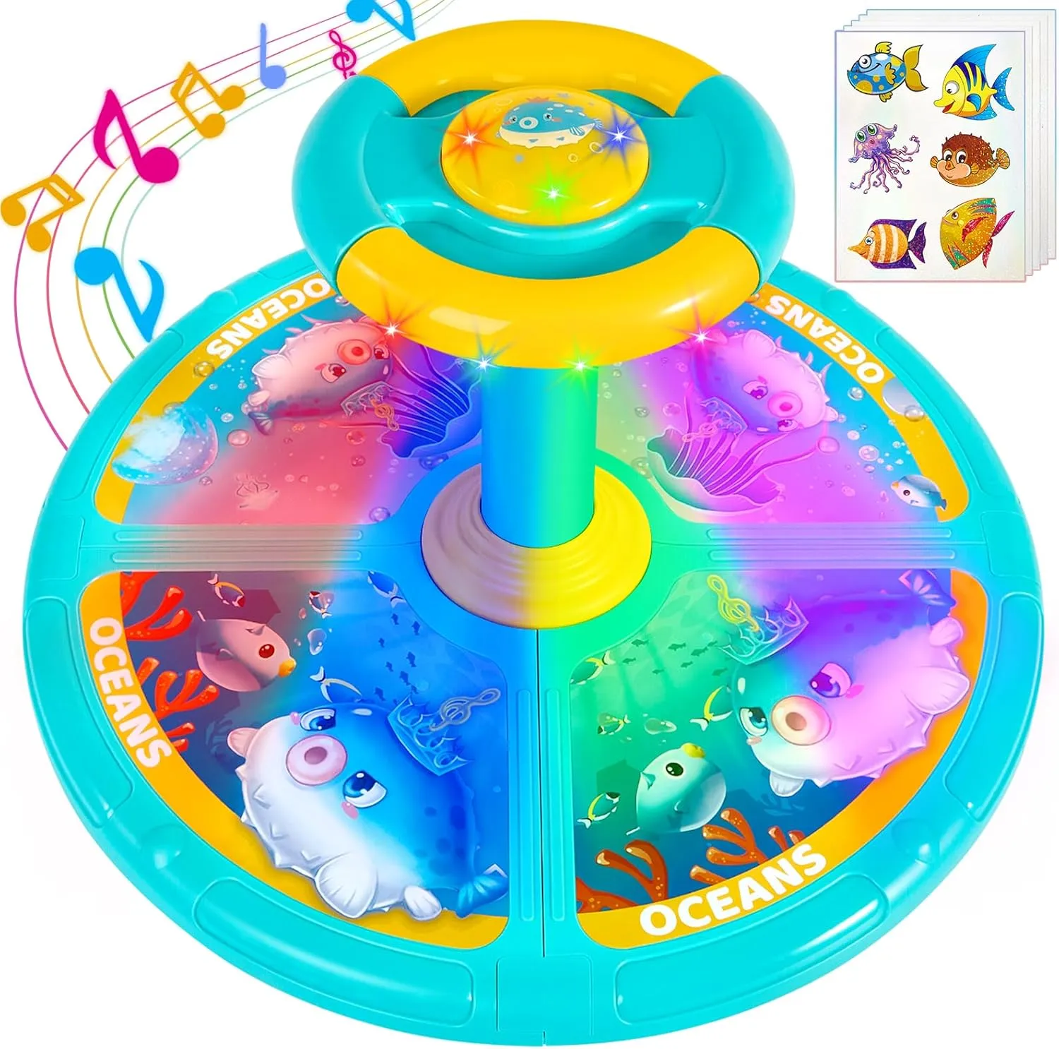 Sit and Spin, Christmas Birthday Gift Toddlers Sit and Spin Toy for 3 4 Years Old Girl Boy, 360° Ocean Interactive Sensory Spinning Toys for Ages 2-10 Kids LED & Sound with Free Stickers