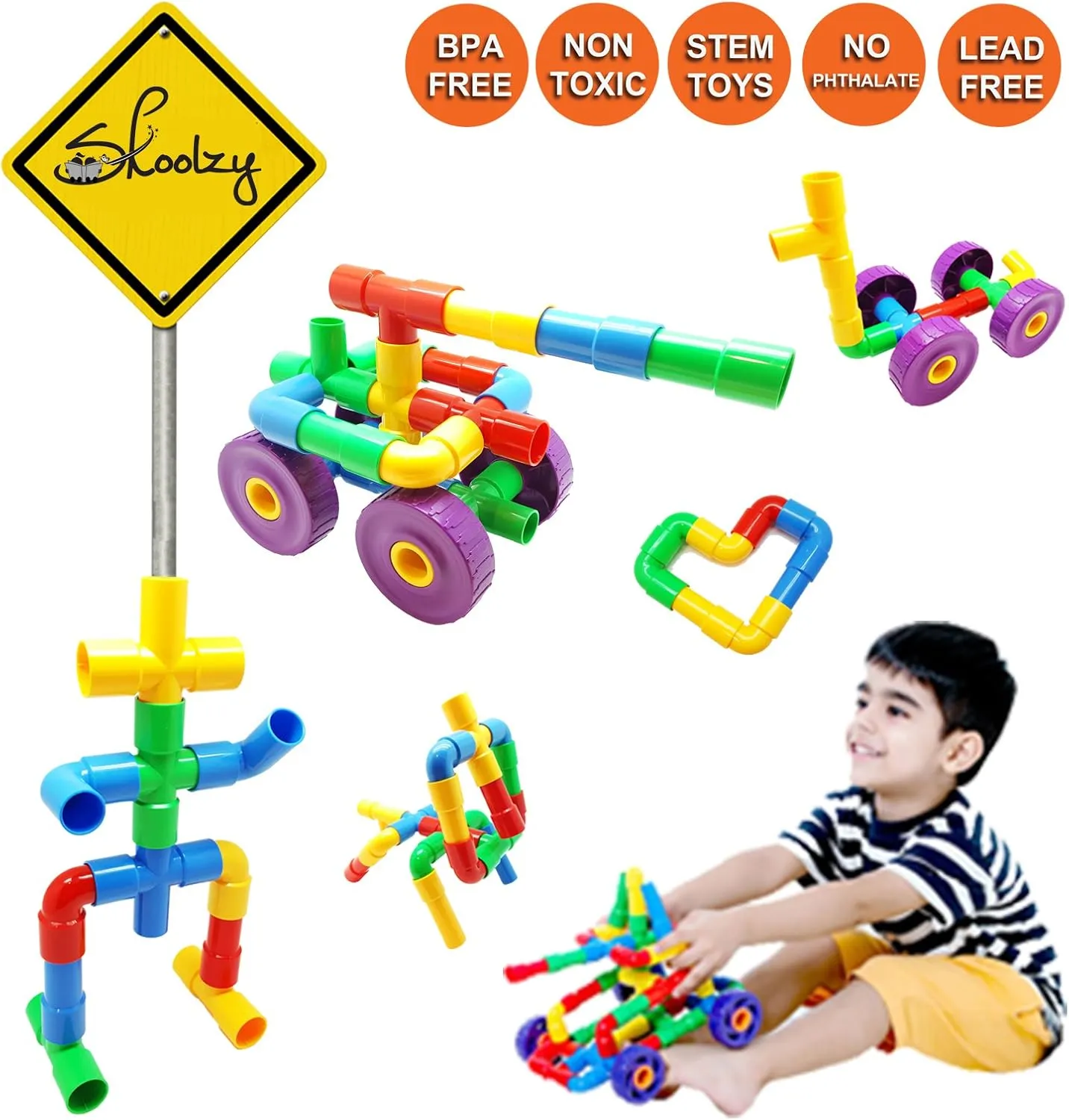Skoolzy STEM Learning Pipe Tube 29 Piece Toys_and_Games Set, Educational Construction Building Blocks for ADHD & Autism for Baby, Kid Includes Wheels Pipes Joints and eBook