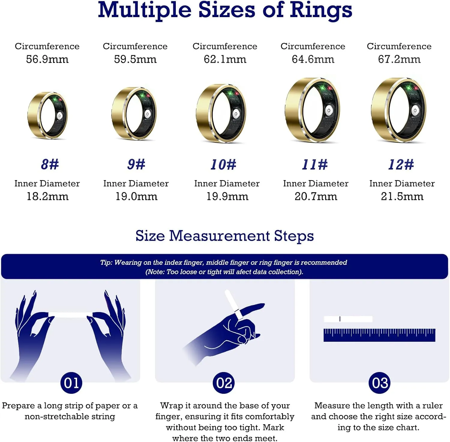 Sleep Tracker Ring with Heart Rate, Waterproof Fitness Ring for Activity Monitoring/Steps/Distance/Calories, Air Gestures,Up to 7-Day Battery, for iOS and Android (Light Gold, 8)