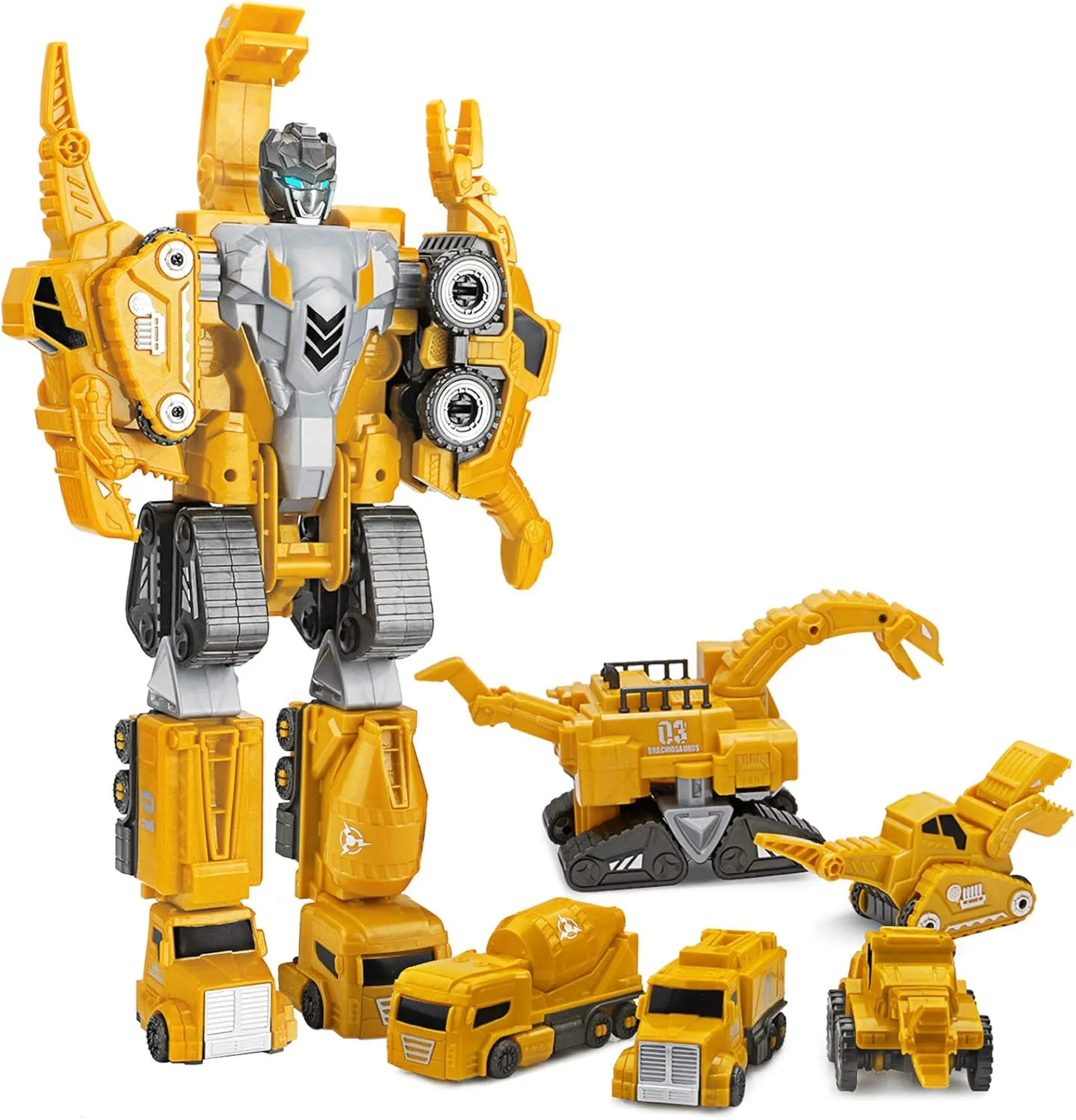 SLENPET 5 in 1 Dinosaur Transforming Robot Toys Set, Magnetic Assemble into Emulation 14.5 inches Large Robot Figures, 5 Construction Trucks & Dinosaurs for Boys, Kids Ages 3 and Up