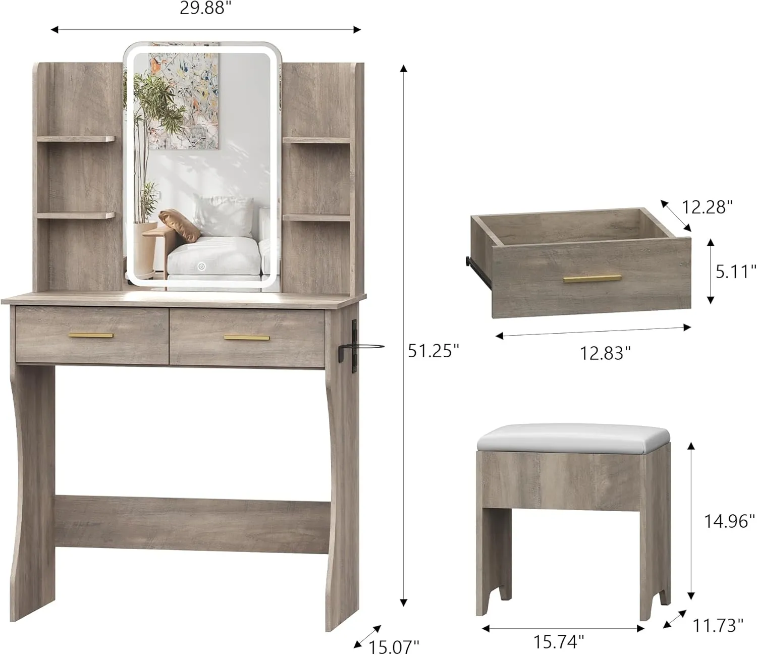 Small Vanity Desk with Mirror and Lights, Makeup Vanity with LED Lights, Grey Vanity Mirror with Lights Desk and Chair, 3 Lighting Adjustable Compact Vanity Mirror with Lights for Women, Girls