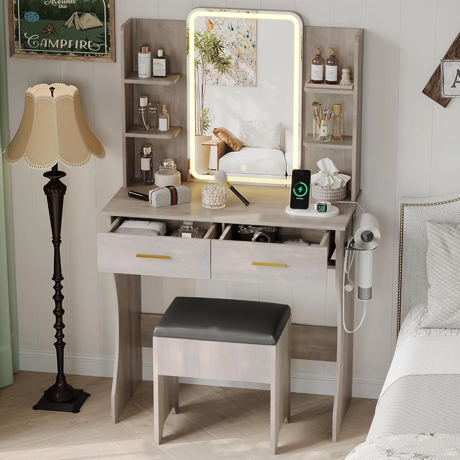 Small Vanity Desk with Mirror and Lights, Makeup Vanity with LED Lights, Grey Vanity Mirror with Lights Desk and Chair, 3 Lighting Adjustable Compact Vanity Mirror with Lights for Women, Girls