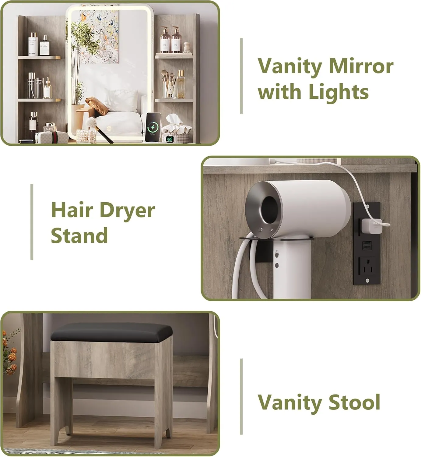 Small Vanity Desk with Mirror and Lights, Makeup Vanity with LED Lights, Grey Vanity Mirror with Lights Desk and Chair, 3 Lighting Adjustable Compact Vanity Mirror with Lights for Women, Girls