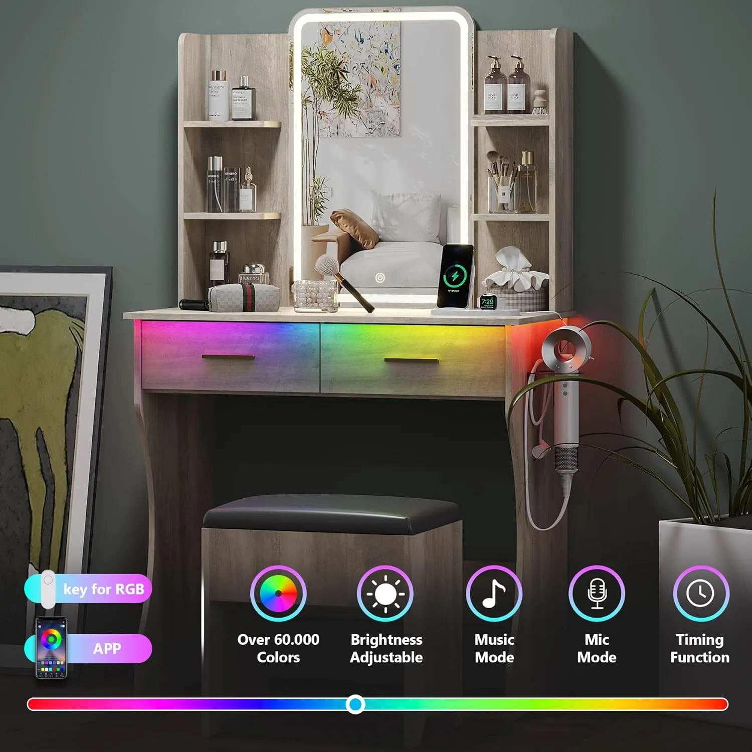 Small Vanity Desk with Mirror and Lights, Makeup Vanity with LED Lights, Grey Vanity Mirror with Lights Desk and Chair, 3 Lighting Adjustable Compact Vanity Mirror with Lights for Women, Girls