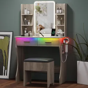 Small Vanity Desk with Mirror and Lights, Makeup Vanity with LED Lights, Grey Vanity Mirror with Lights Desk and Chair, 3 Lighting Adjustable Compact Vanity Mirror with Lights for Women, Girls