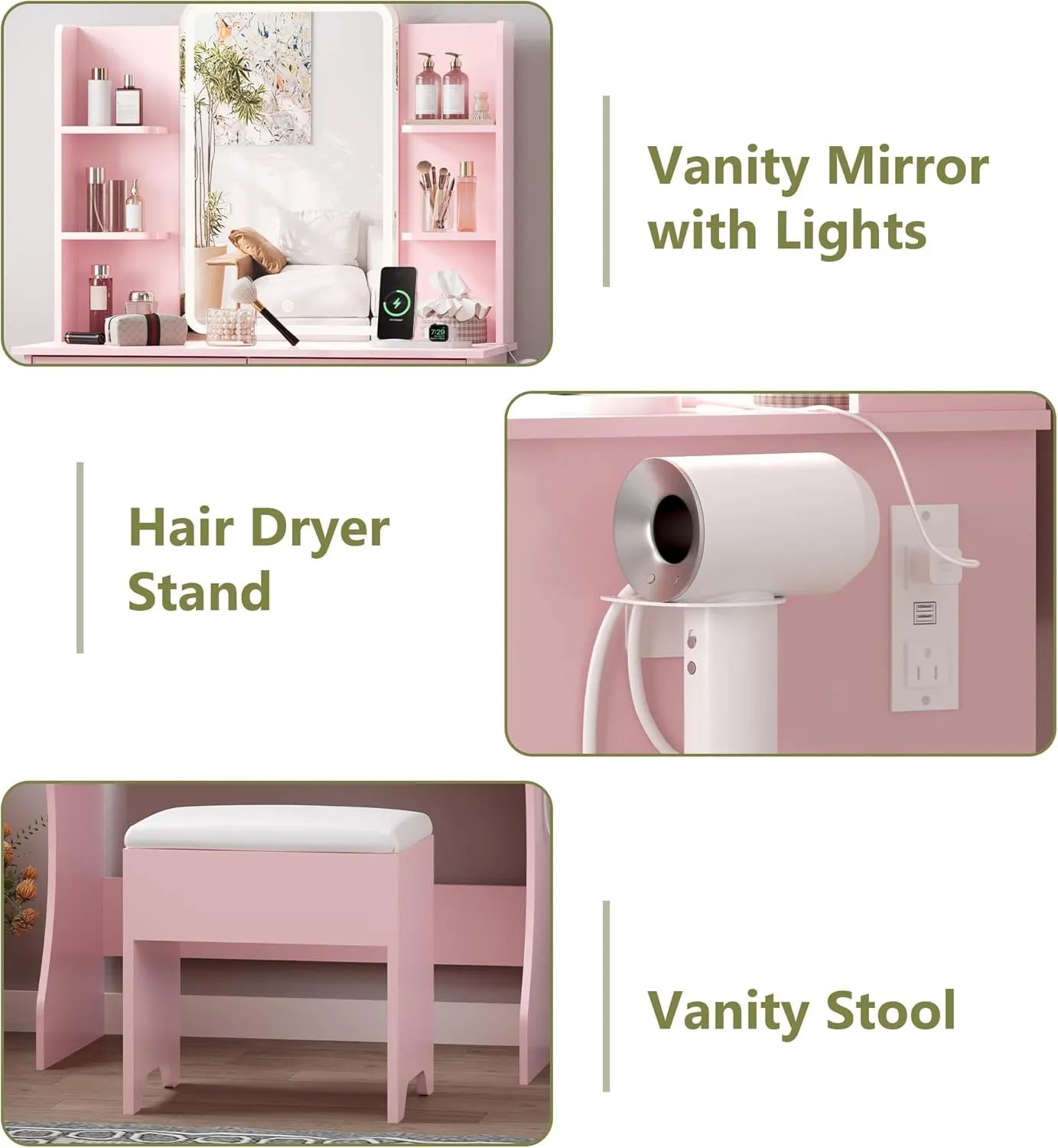 Small Vanity Desk with Mirror and Lights, Makeup Vanity with LED Lights, Pink Vanity Mirror with Lights Desk and Chair, 3 Lighting Adjustable Compact Vanity Mirror with Lights for Women, Girls