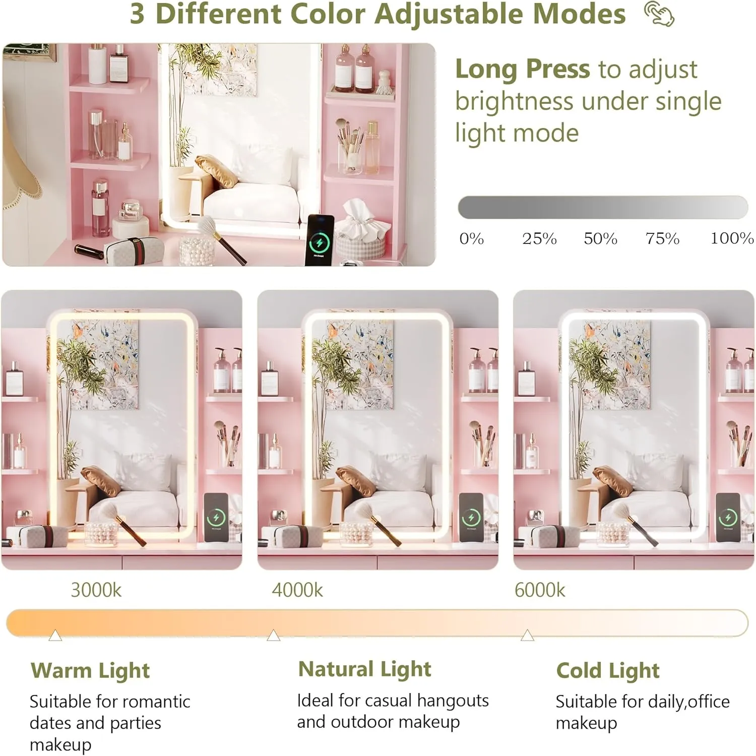 Small Vanity Desk with Mirror and Lights, Makeup Vanity with LED Lights, Pink Vanity Mirror with Lights Desk and Chair, 3 Lighting Adjustable Compact Vanity Mirror with Lights for Women, Girls