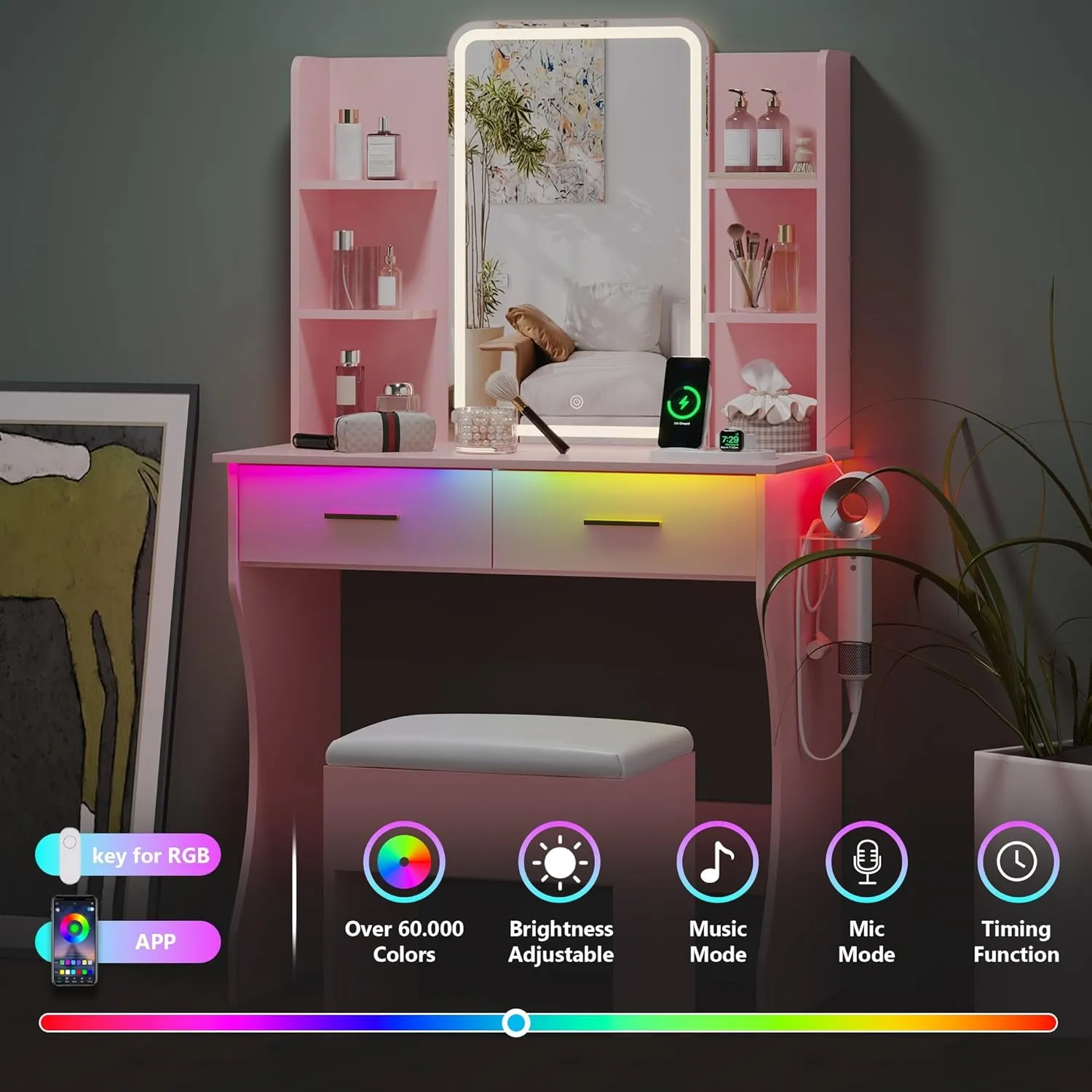 Small Vanity Desk with Mirror and Lights, Makeup Vanity with LED Lights, Pink Vanity Mirror with Lights Desk and Chair, 3 Lighting Adjustable Compact Vanity Mirror with Lights for Women, Girls