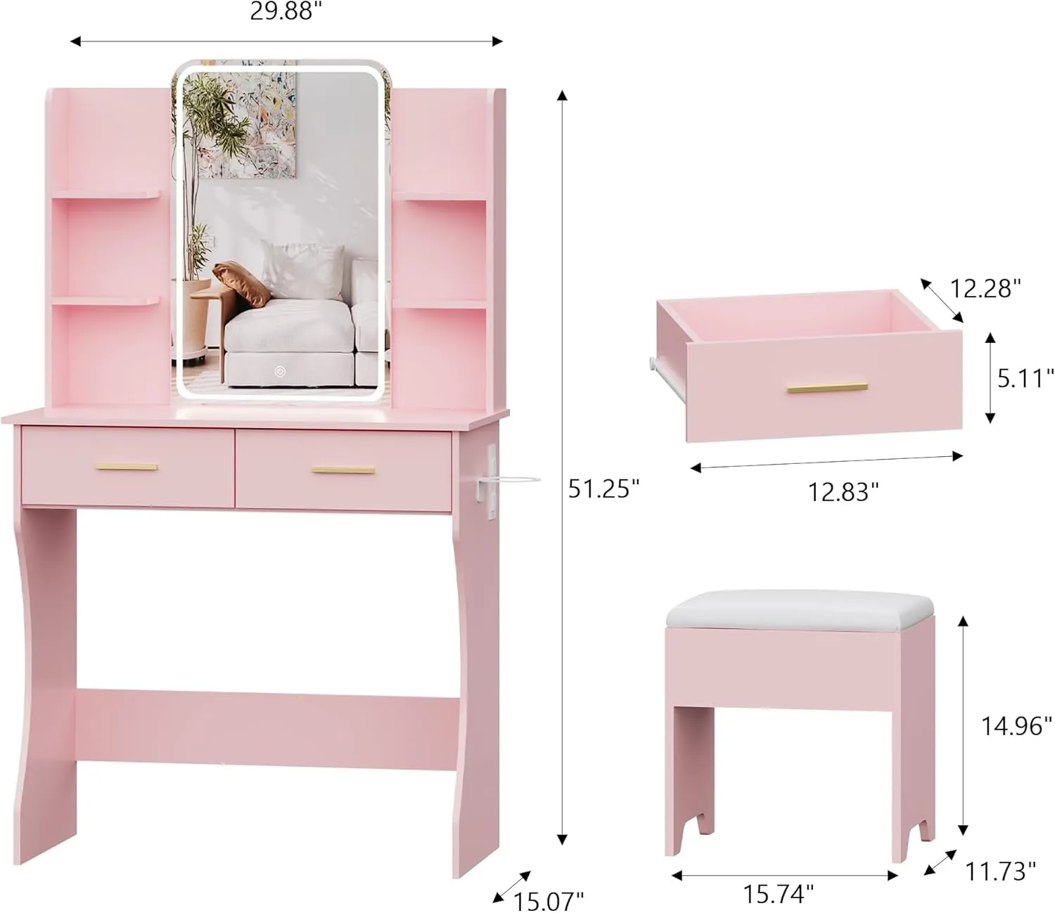 Small Vanity Desk with Mirror and Lights, Makeup Vanity with LED Lights, Pink Vanity Mirror with Lights Desk and Chair, 3 Lighting Adjustable Compact Vanity Mirror with Lights for Women, Girls