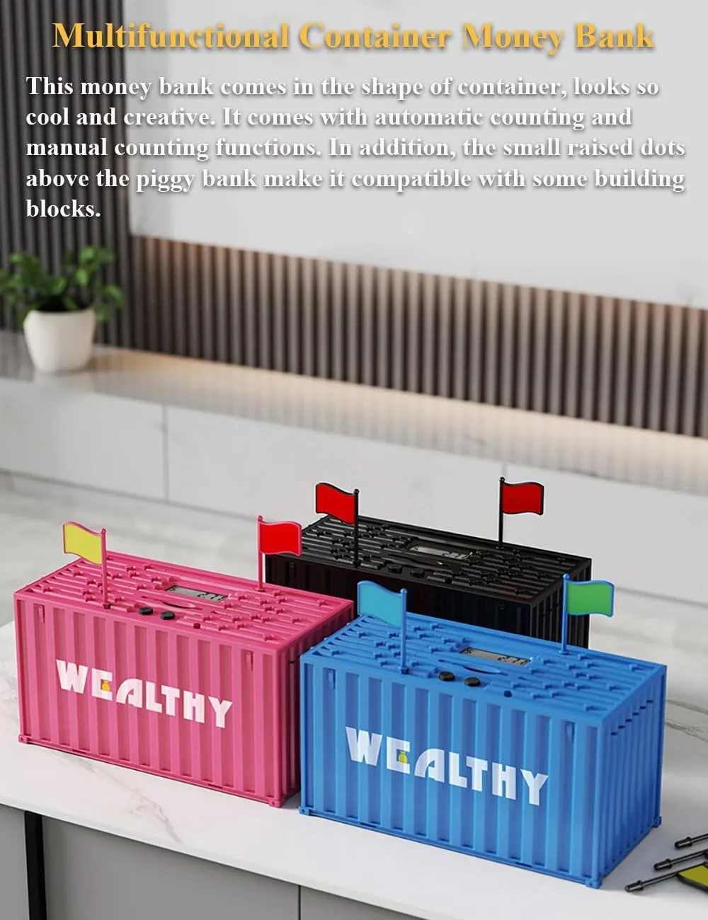 Smart Container Coin Bank, Container Shaped Piggy Bank Coin Counter Machine Automatic Recognition and Counting Money Bank with LCD Display (Pink)