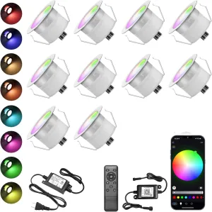 Smart LED Deck Light Kits - 10 Pack of 1.22" Low Voltage Recessed RGB Deck Lights IP67 Waterproof for Outdoor Landscape Lighting on Steps, Floors, Yard & Pathways, Work with Alexa & Google Assistant
