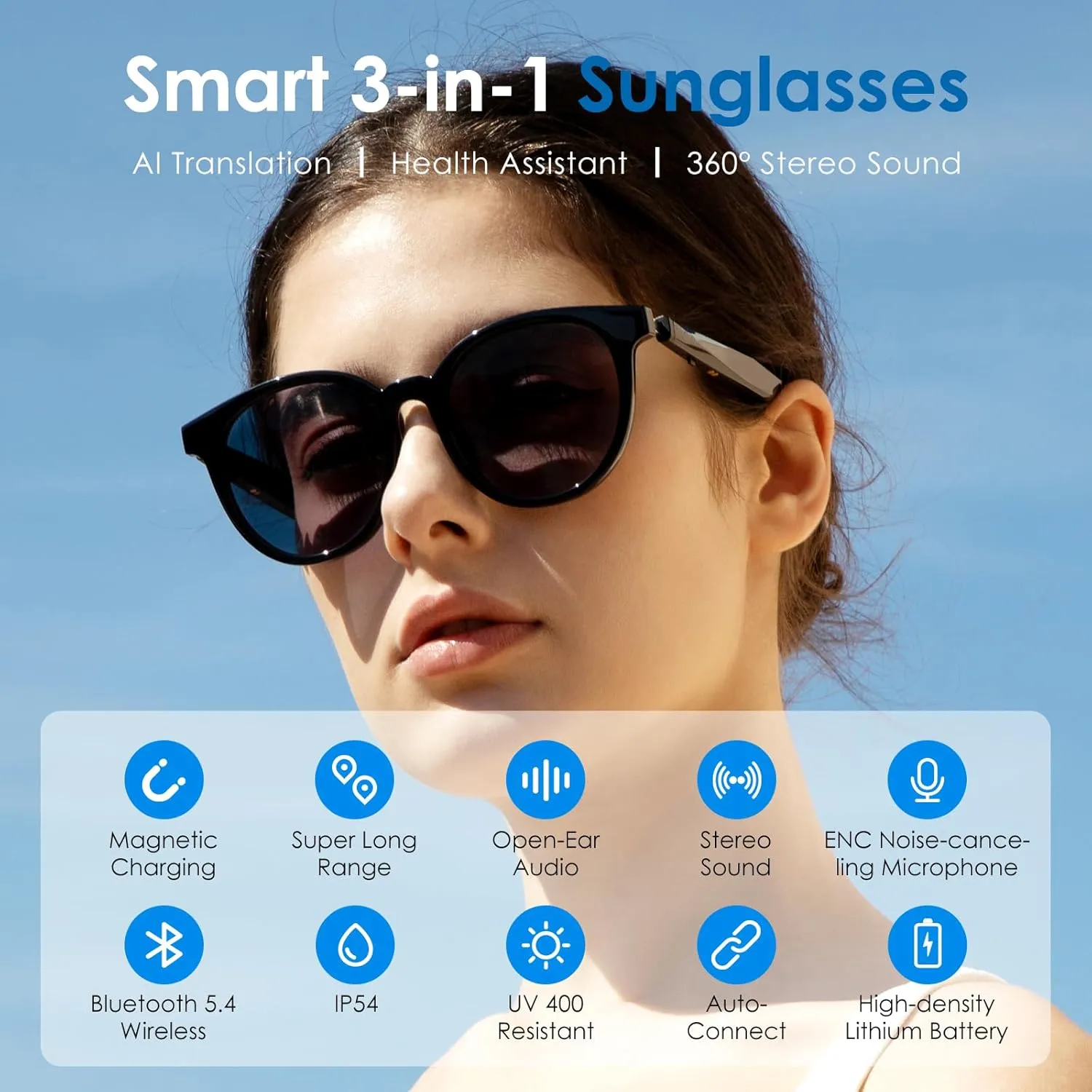 Smart Sunglasses, Round Polarized Lens Bluetooth Glasses for Women and Men with Speaker, Music Glasses AI Translator, 11H Battery Life, Voice Control, Smart Eyewear for Travel Driving Meeting