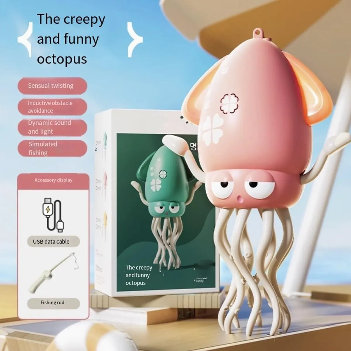 Smart Tentacle Explorer, Dancing Octopus & Squid Toy, Playful Crawling Twisting Wonder Electric Automatic Avoidance Magic Robotics with Lights & Music Sensor, Interactive Toy Gift(Pink Fishing Rod)