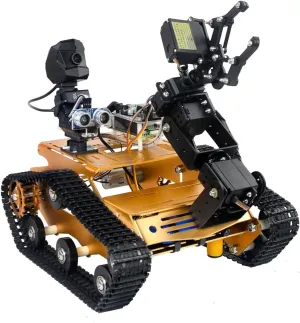 Smart WiFi Robot Kit with Raspberry Pi 5, 4DOF Robotic Arm Track Tank Chassis Robot Car with 2DOF HD Camera Ultrasonic Infrared Sensor, Programmable AI Robot Kit for Adults & Teens (Gold)