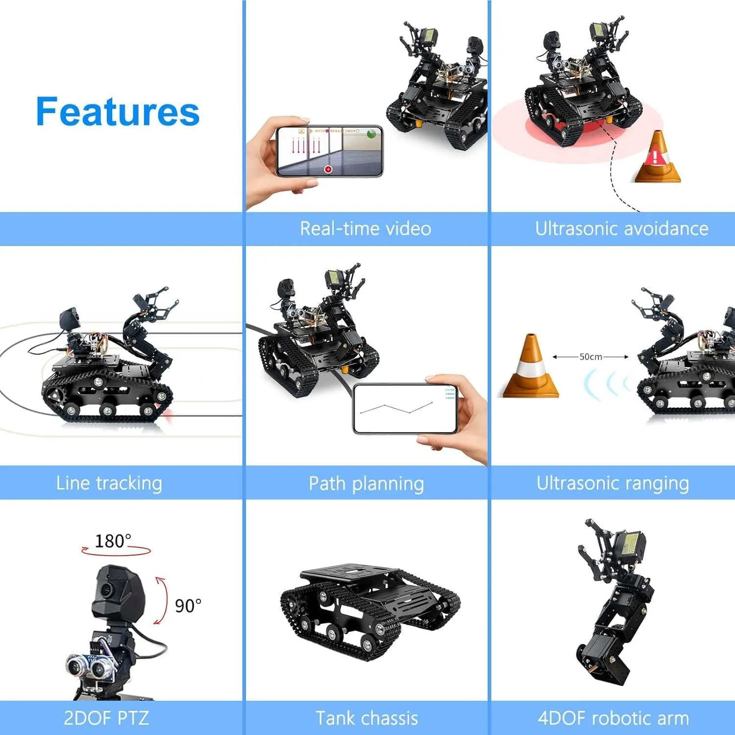 Smart WiFi Robot Kit with Raspberry Pi 5, 4DOF Robotic Arm Track Tank Chassis Robot Car with 2DOF HD Camera Ultrasonic Infrared Sensor, Programmable AI Robot Kit for Adults & Teens (Gold)
