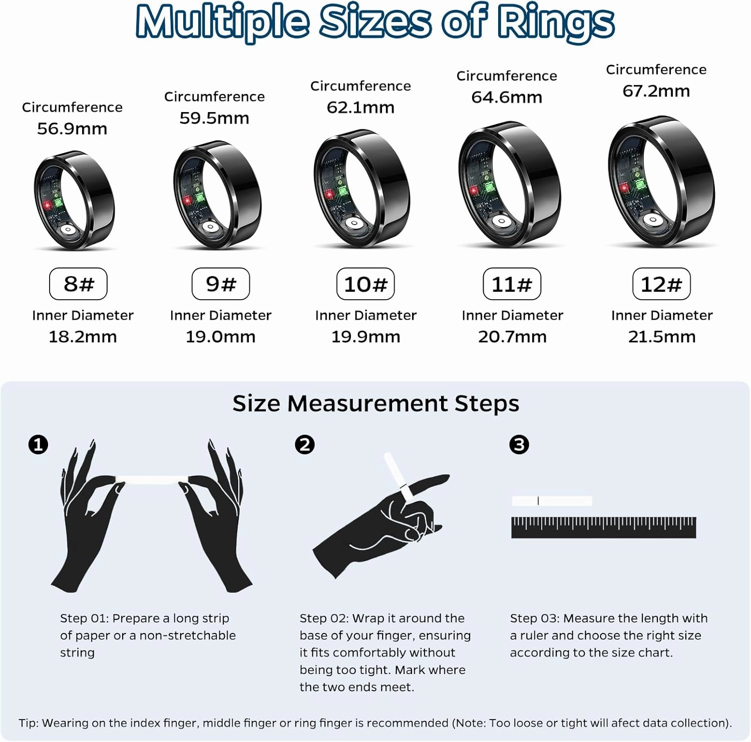 Smart Ring Health Tracker, Sleep Tracker Ring with Heart Rate, Waterproof Fitness Ring for Activity Monitoring/Steps/Distance/Calories, Air Gestures, Up to 7-Day Battery, for iOS Android (Black,#12)