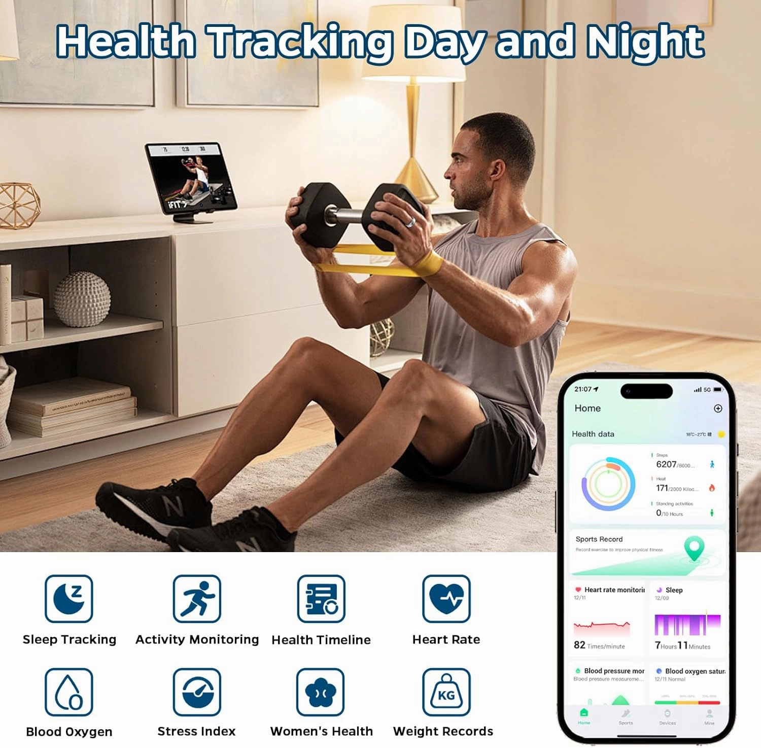 Smart Ring Health Tracker, Sleep Tracker Ring with Heart Rate, Waterproof Fitness Ring for Activity Monitoring/Steps/Distance/Calories, Air Gestures, Up to 7-Day Battery, for iOS Android (Black,#12)