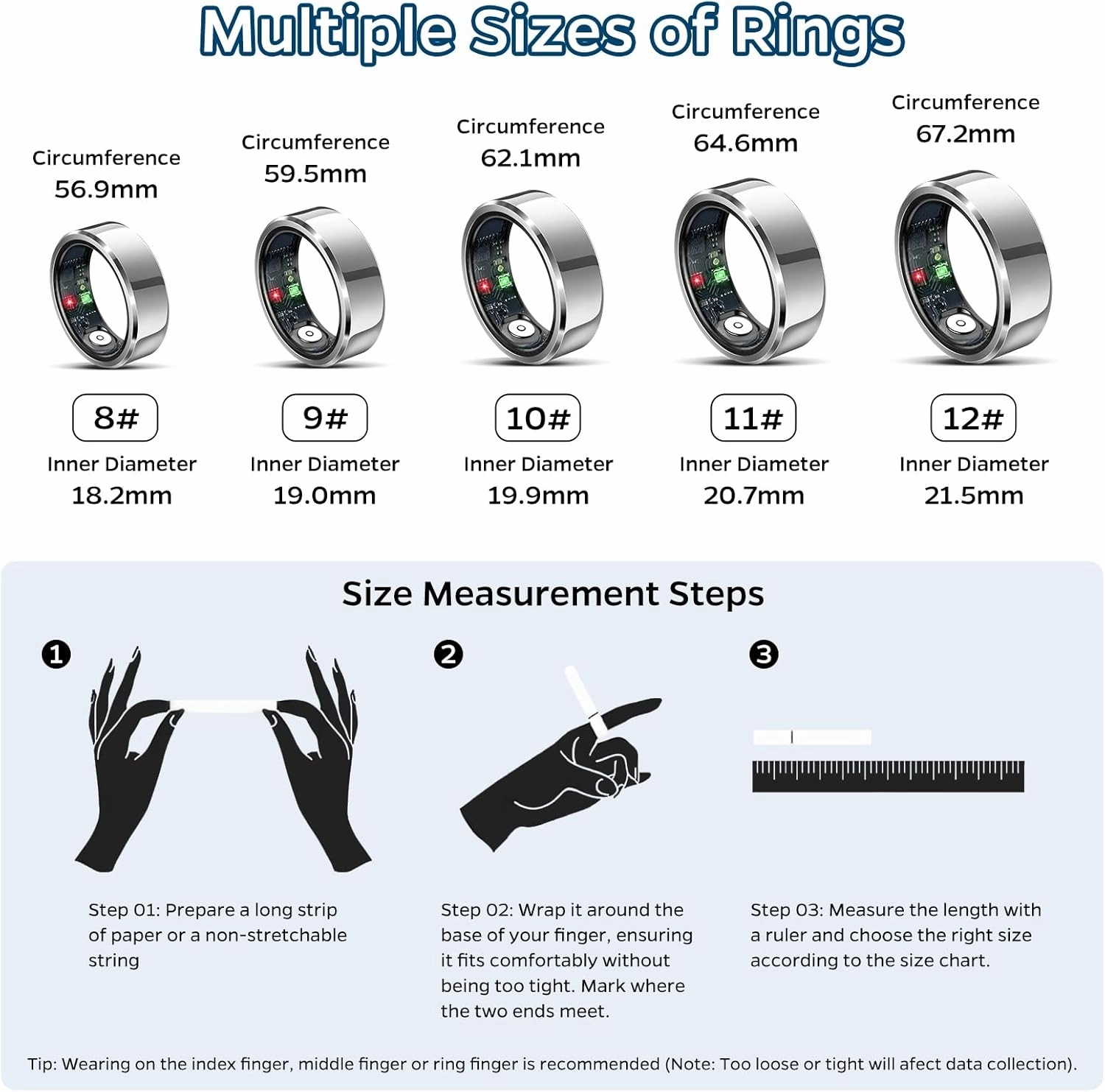 Smart Ring Health Tracker, Sleep Tracker Ring with Heart Rate, Waterproof Fitness Ring for Activity Monitoring/Steps/Distance/Calories, Air Gestures, Up to 7-Day Battery, for iOS Android (Silver,#8)