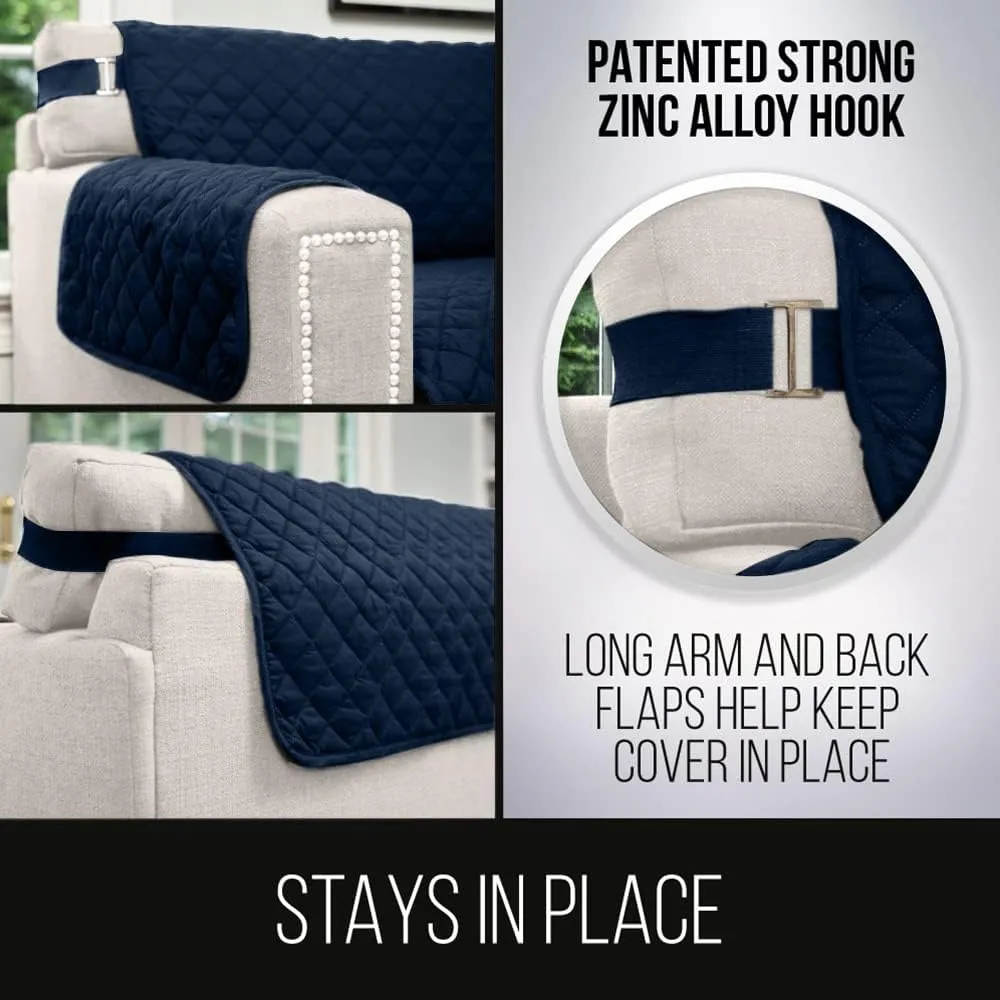 Sofa Shield Chair Slipcover with Patented Strap, Reversible Tear Resistant Soft Quilted Microfiber, 23in Seat Width, Durable Furniture Stain Protector, Washable Cover for Dogs, Kids, Navy Sand