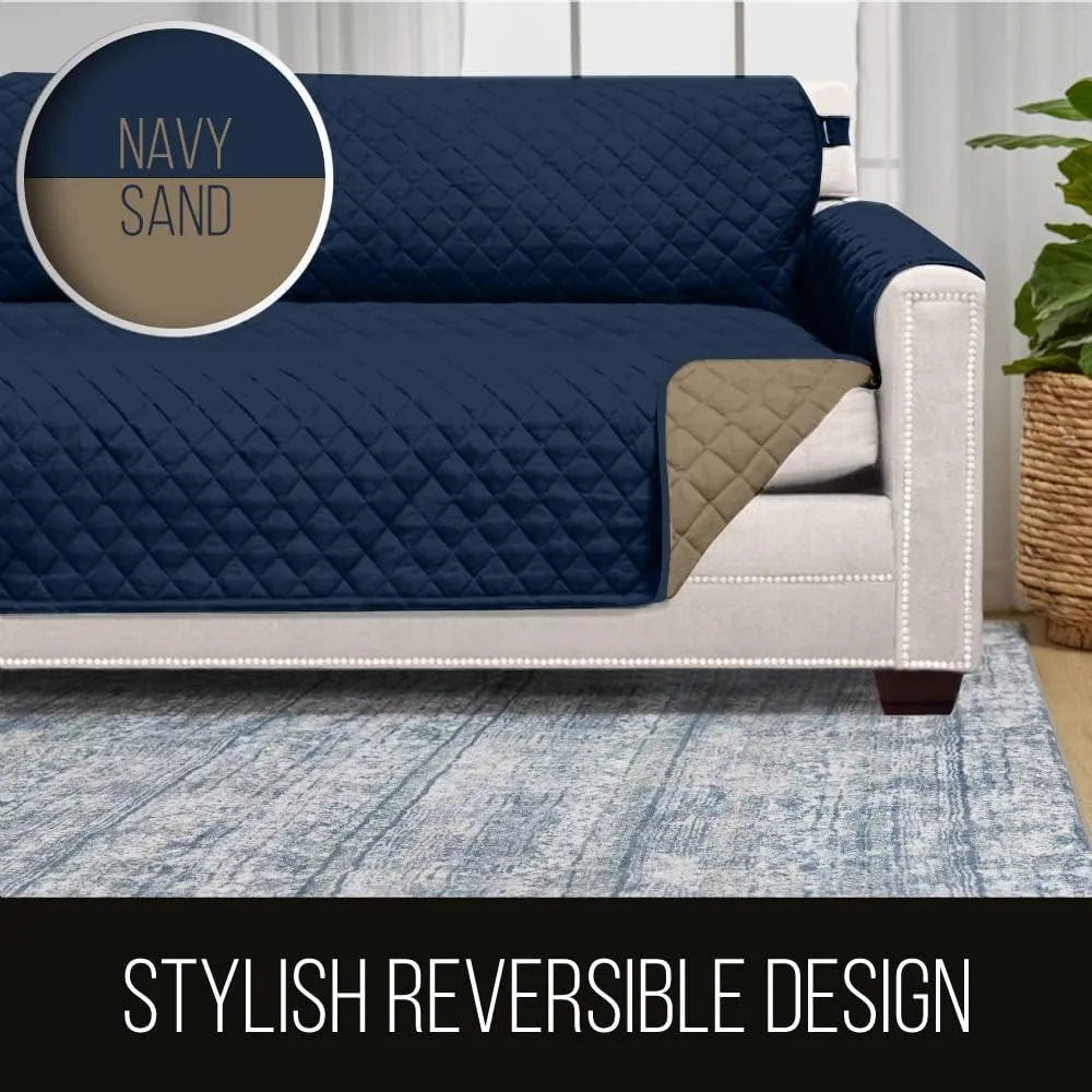 Sofa Shield Chair Slipcover with Patented Strap, Reversible Tear Resistant Soft Quilted Microfiber, 23in Seat Width, Durable Furniture Stain Protector, Washable Cover for Dogs, Kids, Navy Sand