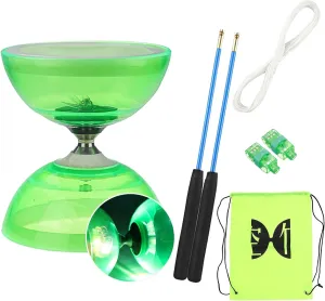 Soft Rubber Yoyo Set, with 1 Pc Diabolo, 1 Pc Spare 10m Rope, 2 Pcs Professional Poles, 1 Pc Net Bag, Flashing Triple Bearing Diabolo, for Beginners, Experienced Players (Green)