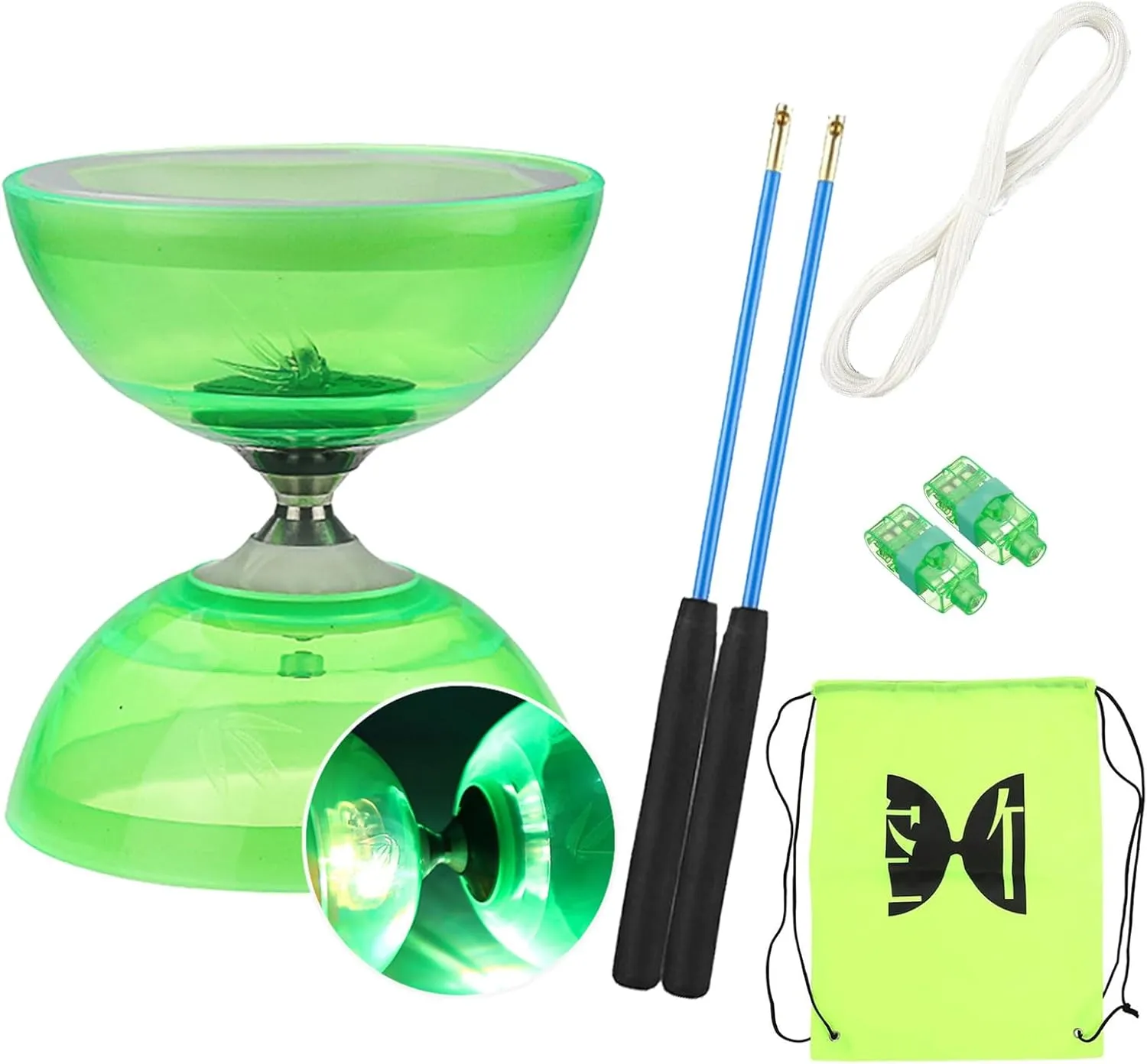Soft Rubber Yoyo Set, with 1 Pc Diabolo, 1 Pc Spare 10m Rope, 2 Pcs Professional Poles, 1 Pc Net Bag, Flashing Triple Bearing Diabolo, for Beginners, Experienced Players (Green)