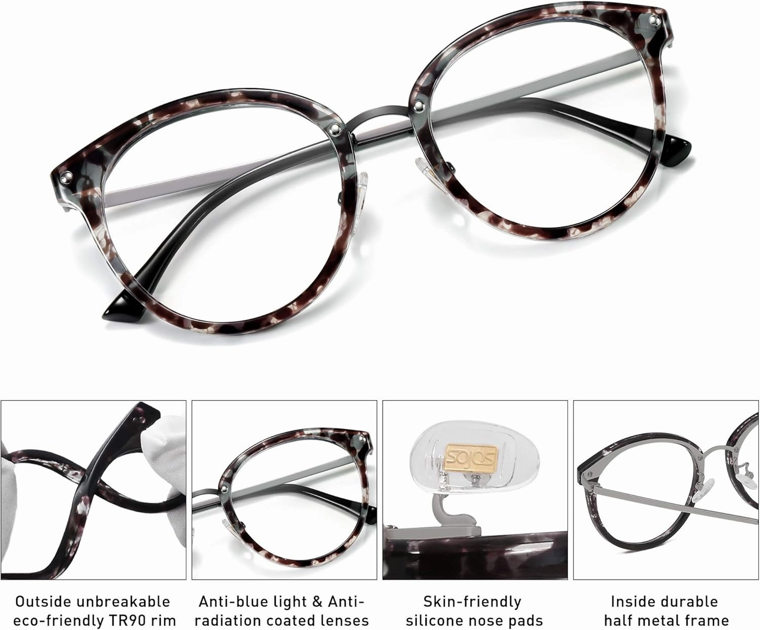 SOJOS Retro Round TR90 Blue Light Reading Glasses Womens Mens Readers Computer Glasses Eyewear Frame SJ9001